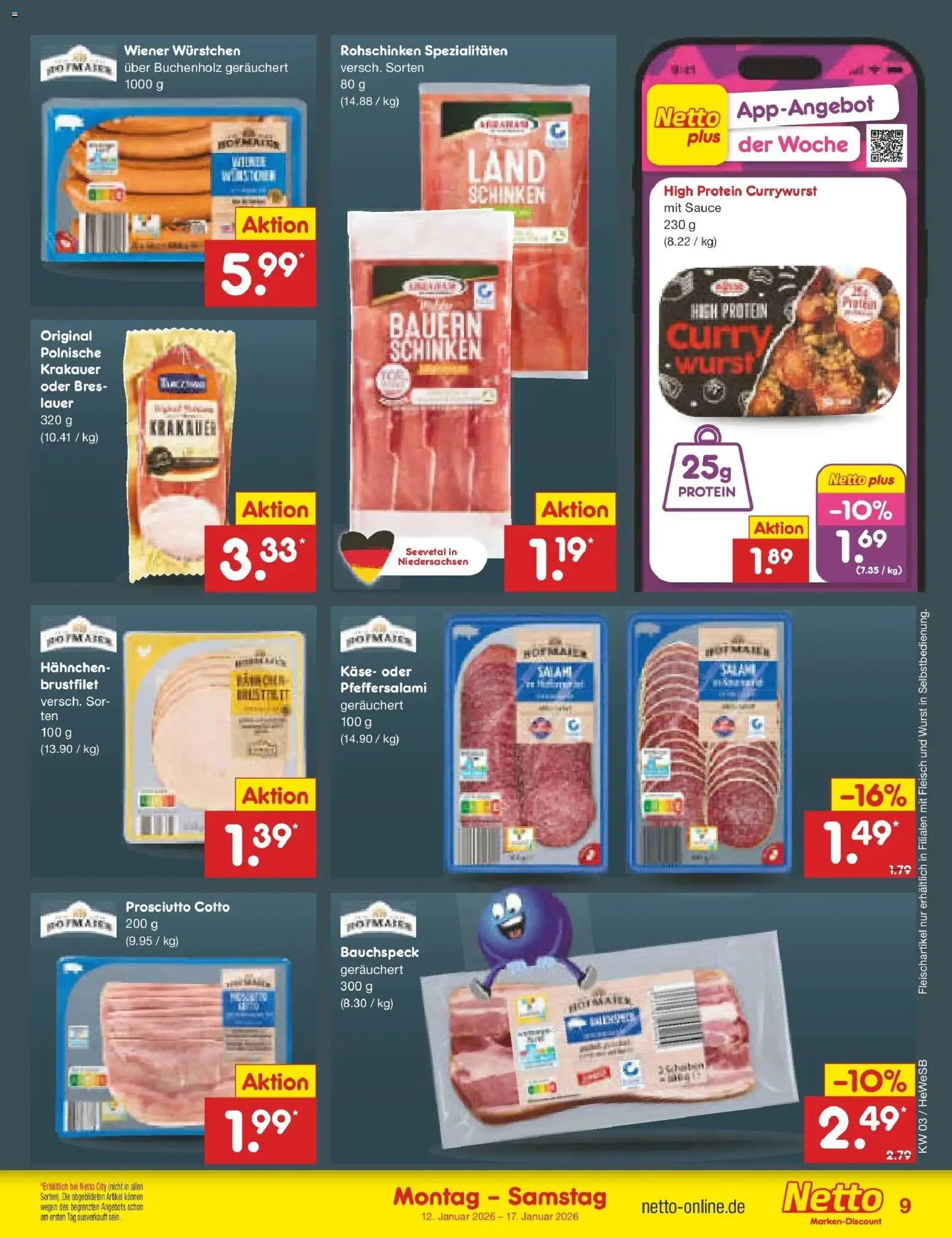 Netto Marken-Discount prospekt Hamburg	 – gültig ab 12.01.2026 | Seite: 9 | Produkte: Wiener wurstchen, Käse, Schinken, Fleisch