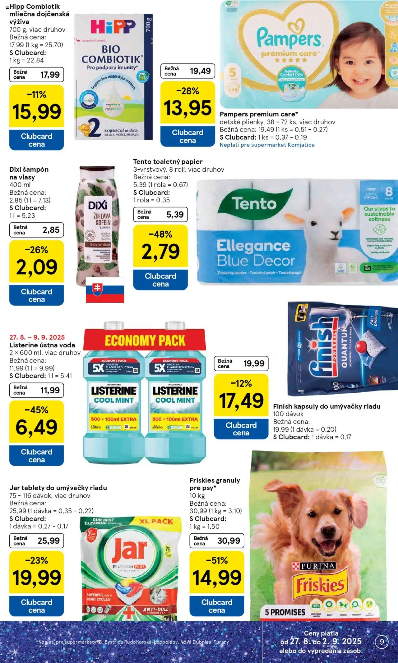 Tesco Supermarket - leták │ platný od 27.08.2025 | Strana: 9 | Produkty: Toaletný papier, Ústna voda, Tablety do umývačky riadu, Pampers
