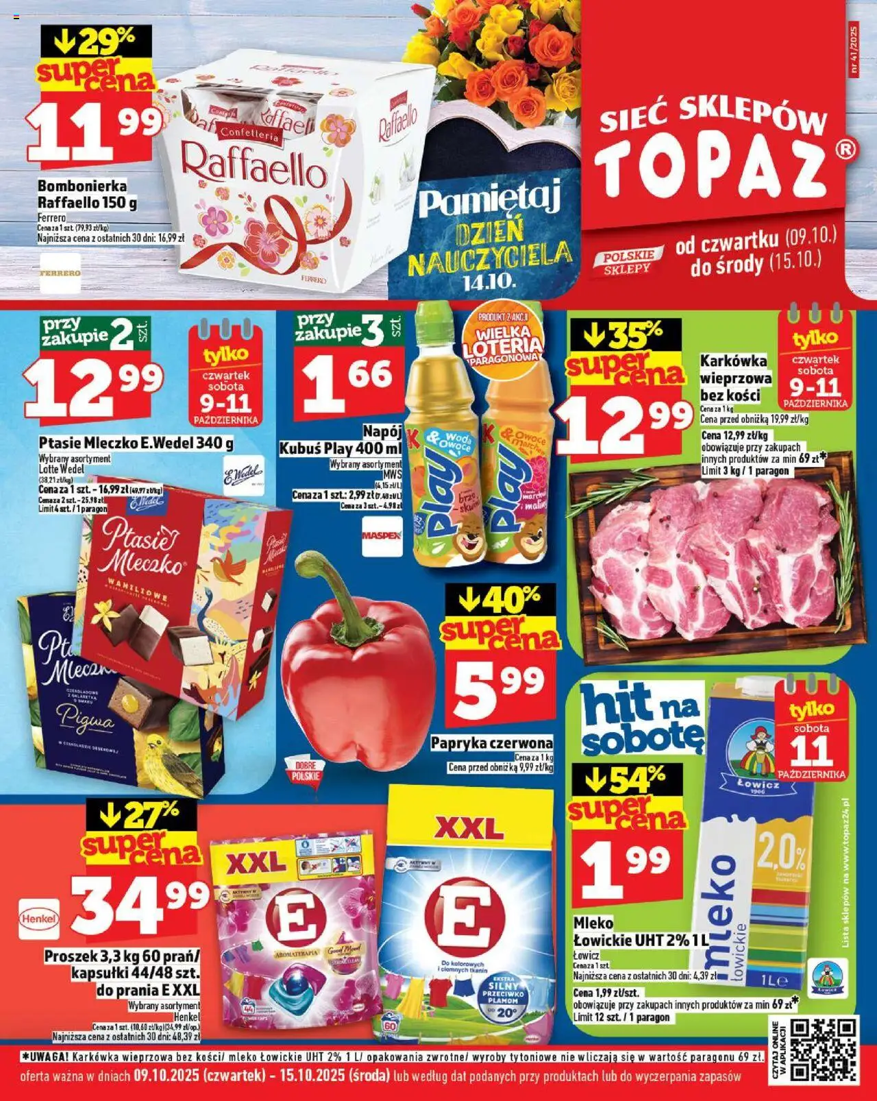 Topaz Gazetka od 09.10.2025 | Strona: 1 | Produkty: Karkówka wieprzowa, Bombonierka, Papryka czerwona, Mleko łowickie