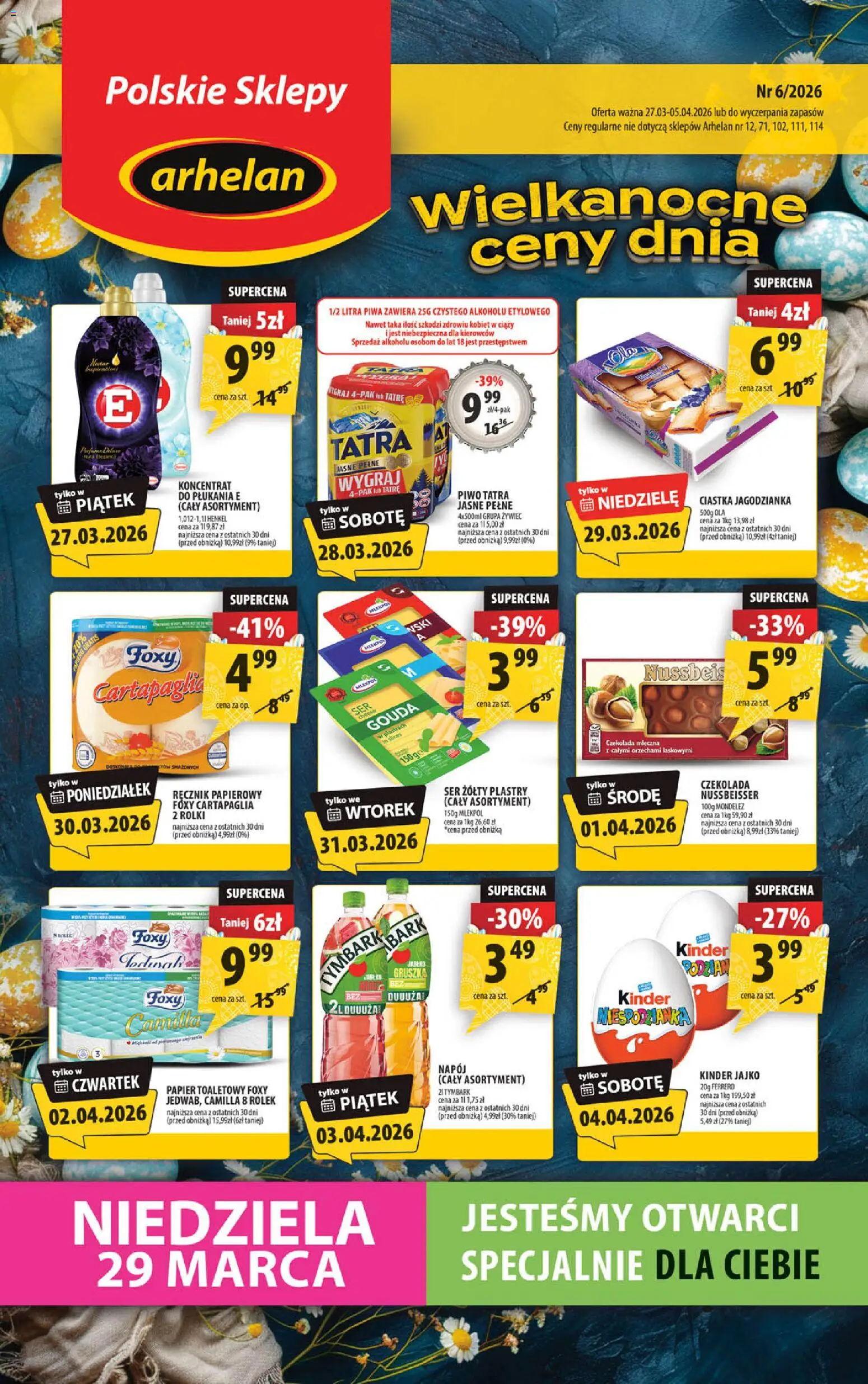Arhelan gazetka od 27.03.2026 | Strona: 1 | Produkty: Czekolada mleczna, Kinder jajko, Ciastka, Ręcznik papierowy
