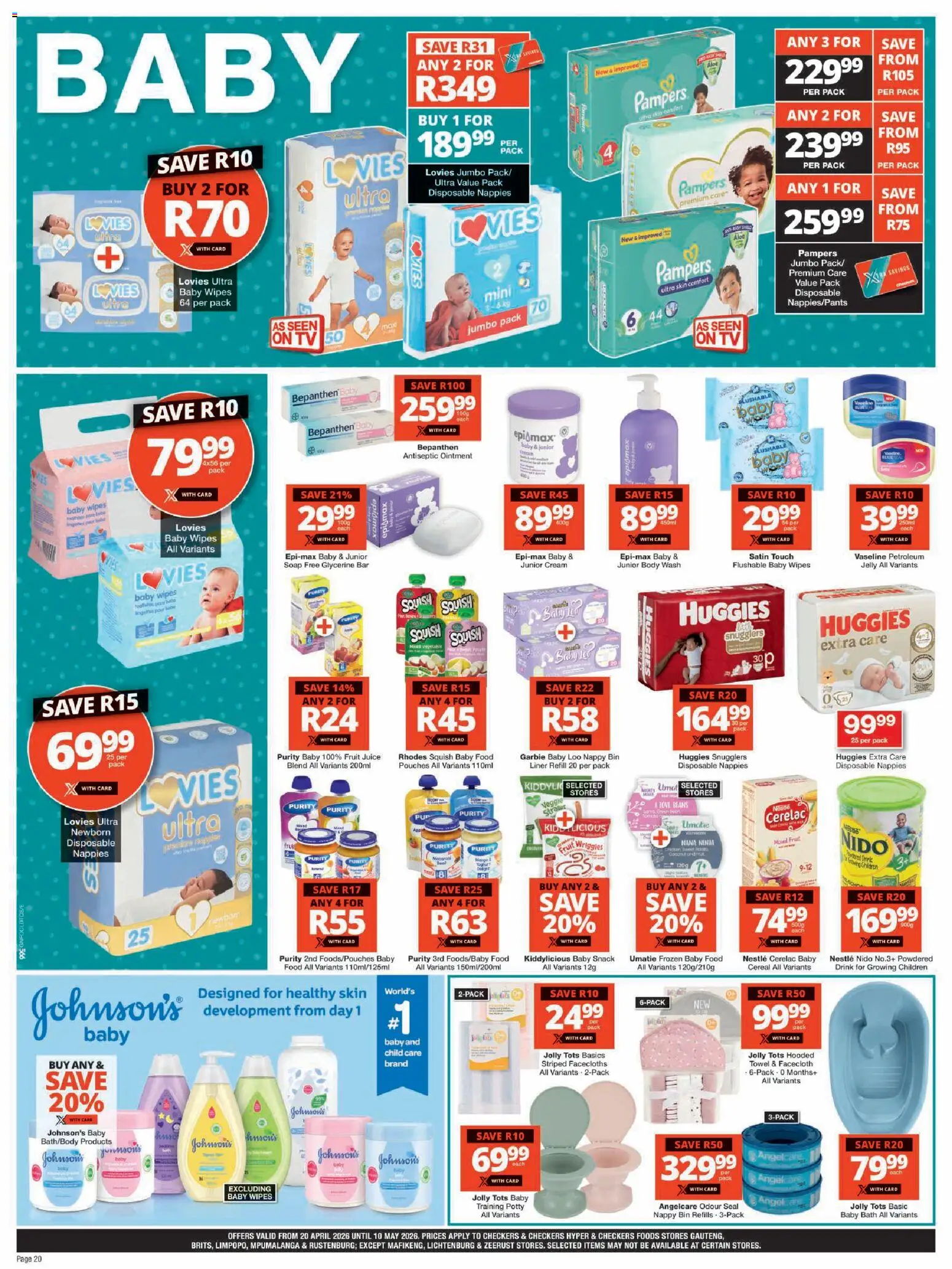 New Checkers catalogue – valid from 20.04.2026 | Page: 20 | Products: TV, Bath, Body wash, Nappies