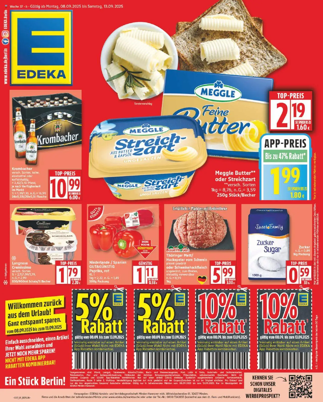 Edeka Prospekt 	 – gültig ab 08.09.2025 | Seite: 1 | Produkte: Langnese, Langnese cremissimo, Rapsöl, Meggle butter