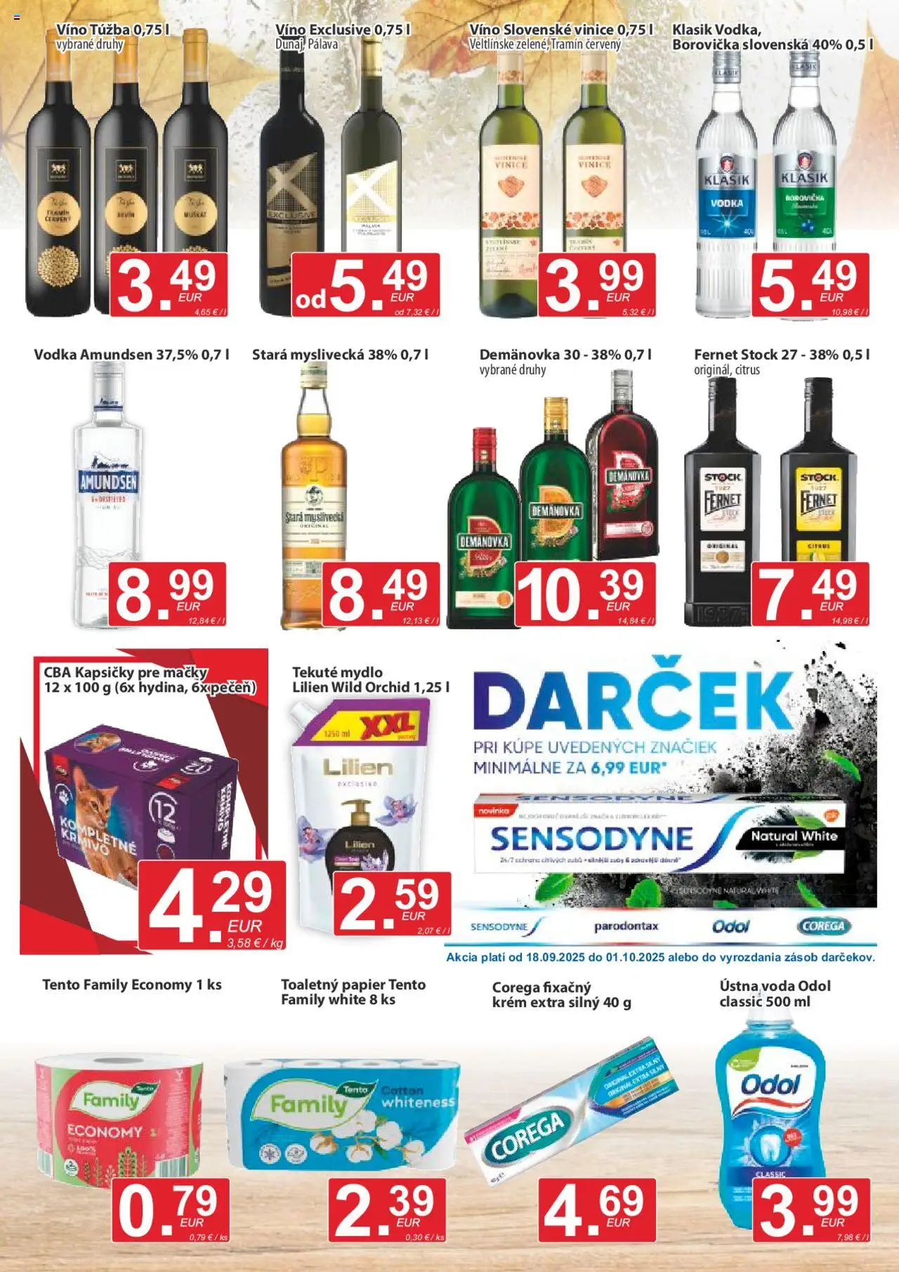Nové CBA Verex akcie – leták je platný od 18.09.2025 | Strana: 11 | Produkty: Víno, Borovička, Vodka, Fernet Stock
