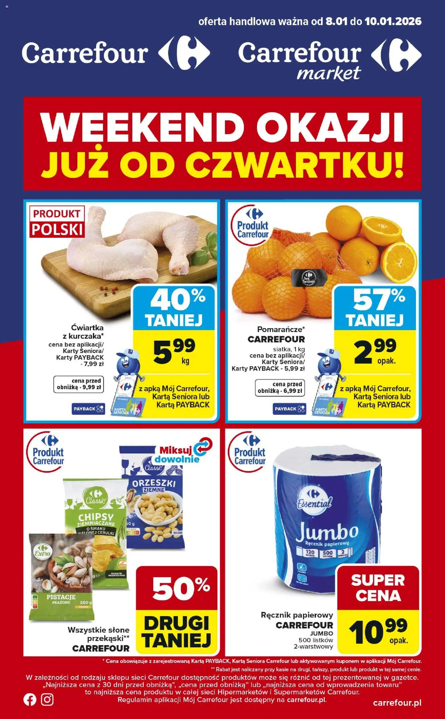 Carrefour Gazetka - Weekend okazji od 08.01.2026 | Strona: 1 | Produkty: Karta, Chipsy, Orzeszki ziemne, Ręcznik papierowy