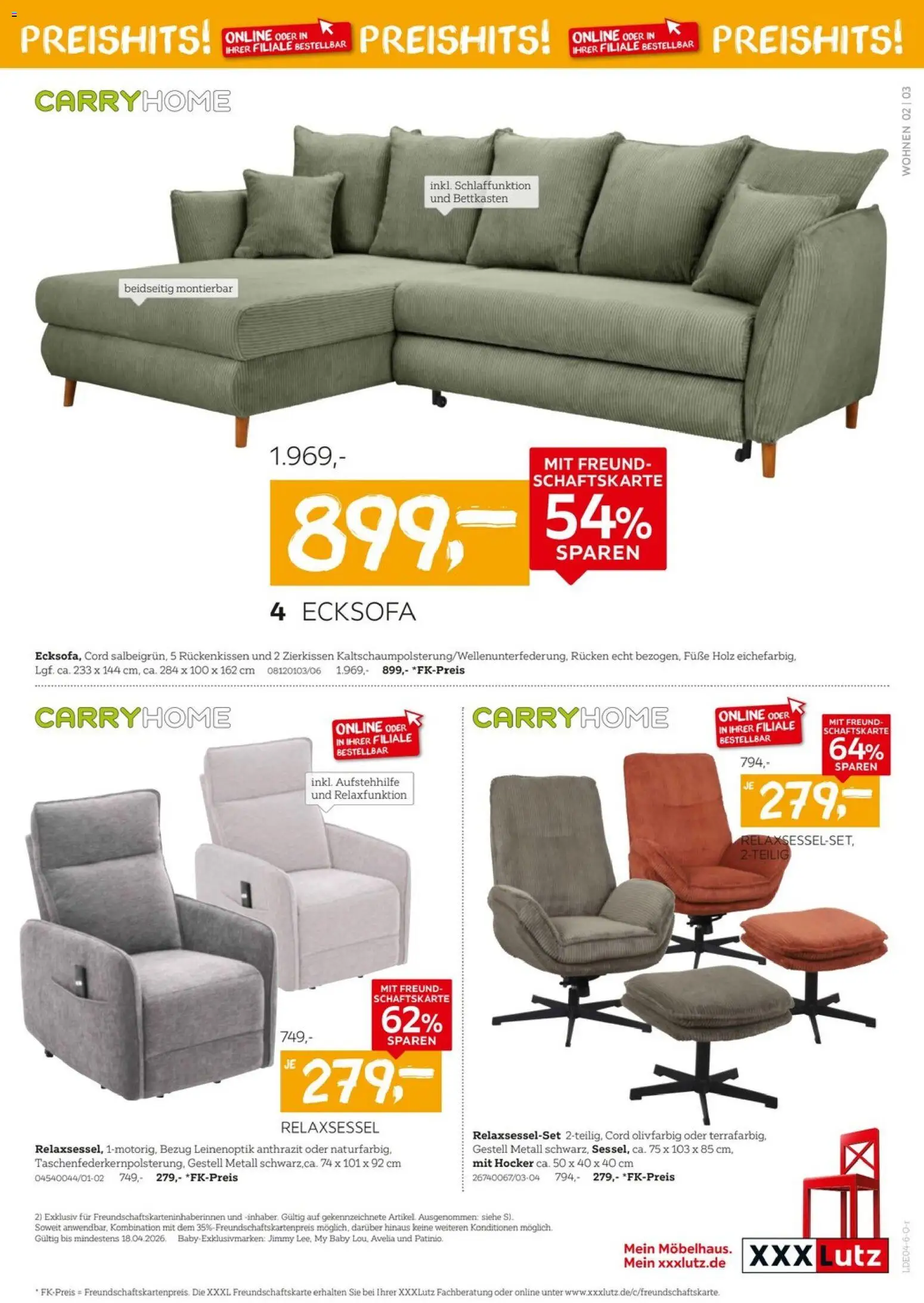 XXXLutz Wohnen Preishits – gültig ab 04.04.2026 | Seite: 3 | Produkte: Hocker, Ecksofa, Relaxsessel