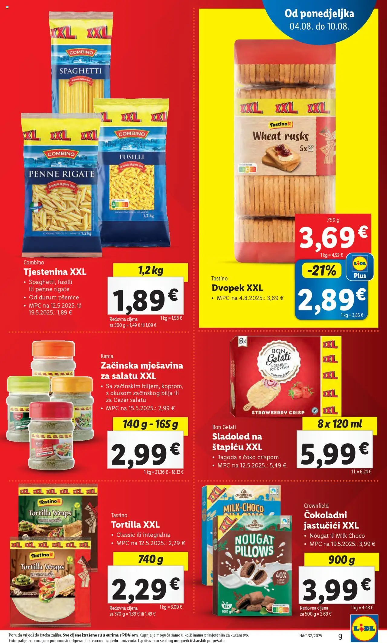 Lidl katalog | vrijedi od 04.08.2025 | Stranica: 9 | Proizvodi: Dvopek, Tjestenina, Sladoled, Pasta