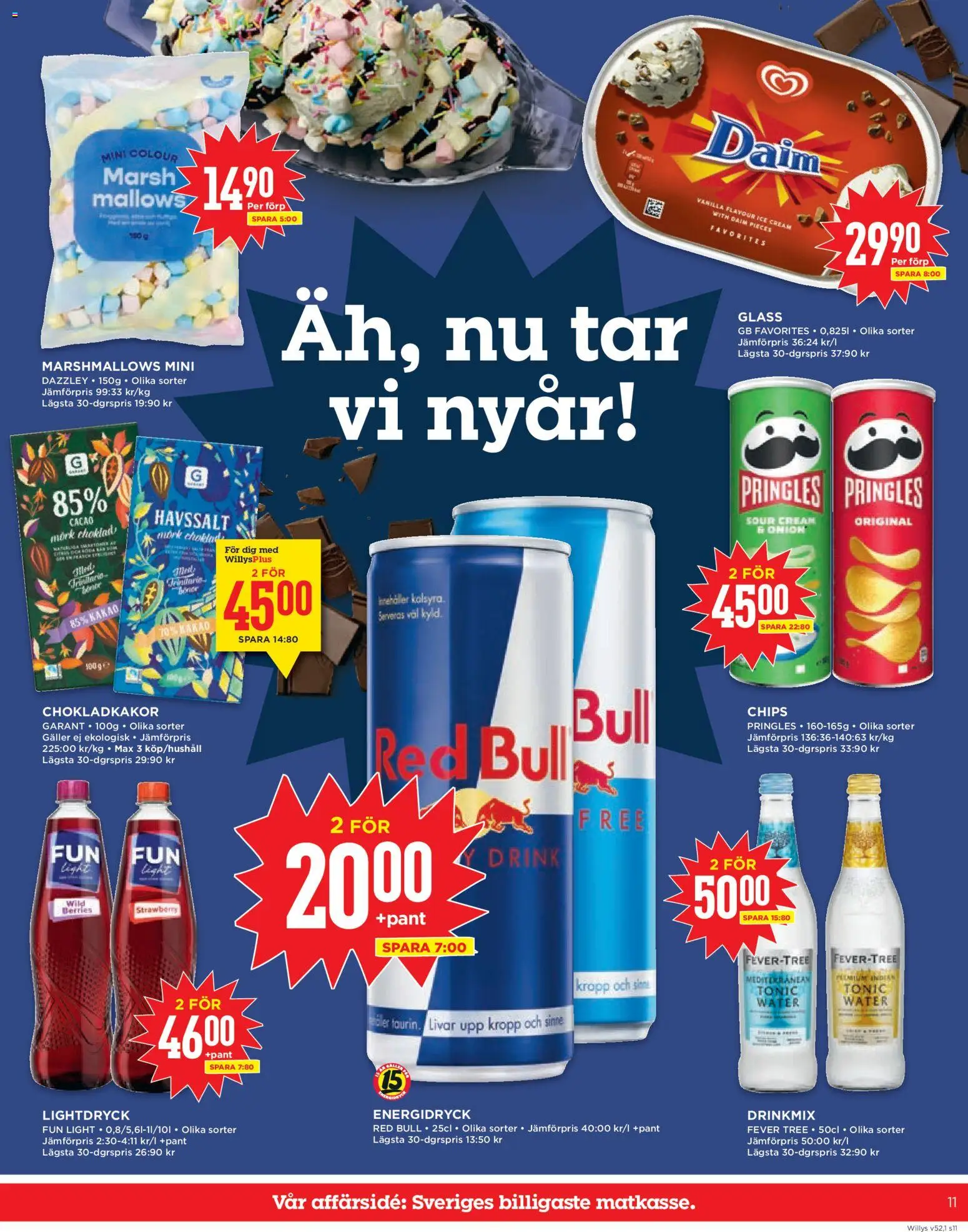 Willys reklamblad aktuell från 26.12.2025 | Sida: 11 | Produkter: Red bull, Choklad, Energidryck, Glass