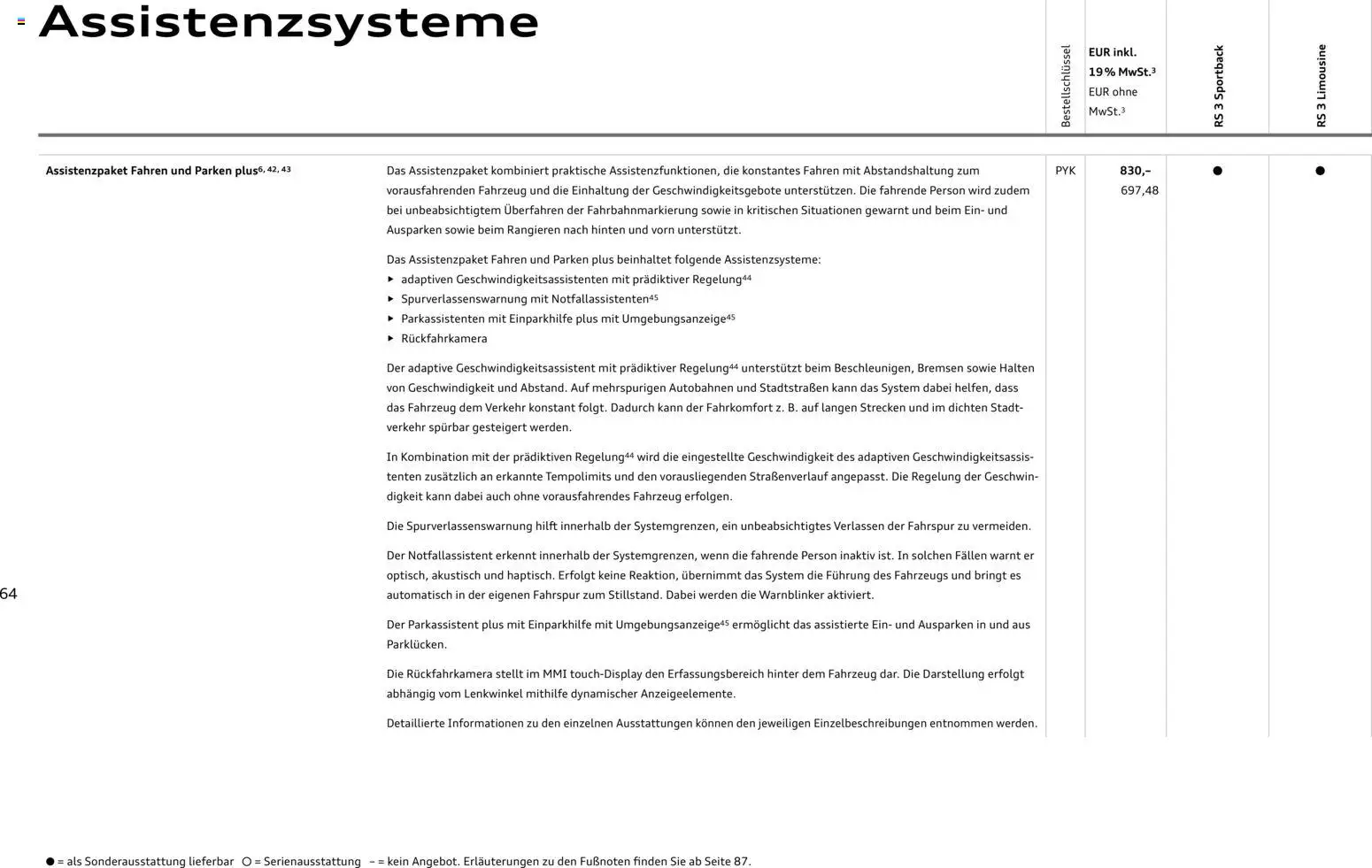 Audi RS 3 Sportback / RS 3 Limousine – gültig ab 28.10.2025 | Seite: 64