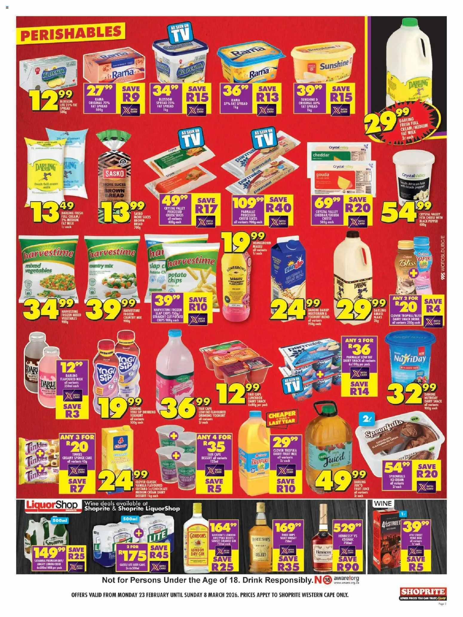 New Shoprite catalogue – valid from 23.02.2026 | Page: 3 | Products: Yoghurt, Milk, Chocolate, Chips