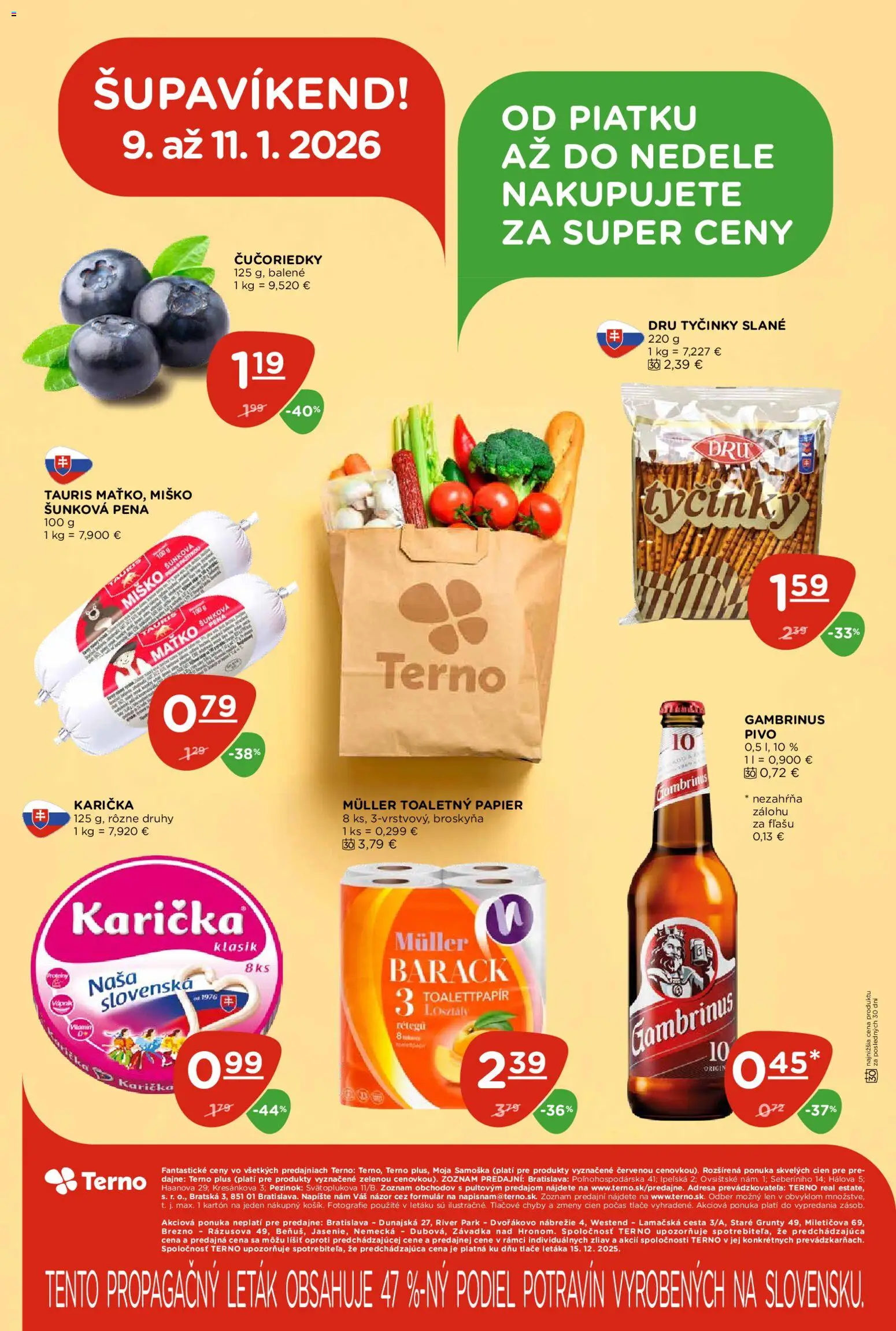 Nové Terno akcie – leták je platný od 08.01.2026 | Strana: 20 | Produkty: Pivo, Toaletný papier, Čučoriedky, Gambrinus