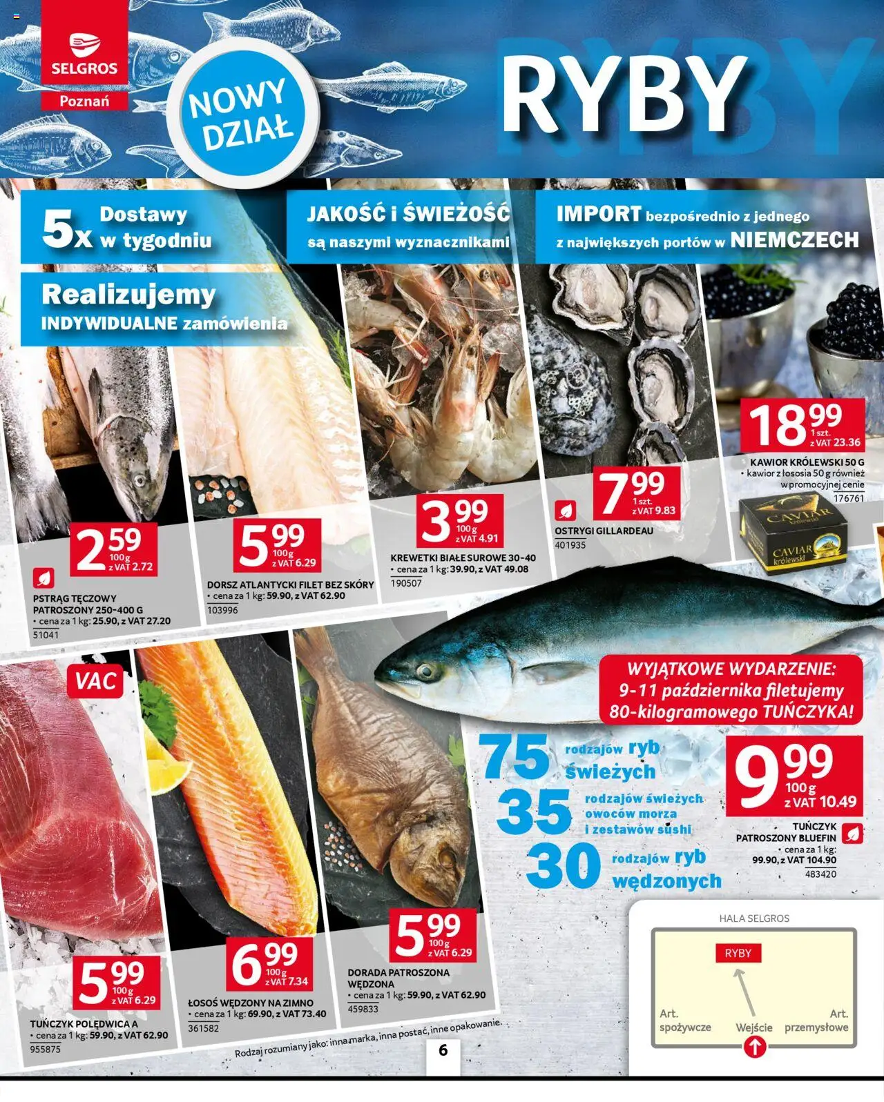Selgros cash&carry Gazetka - Poznań Selgros 2.0 smakuje lepiej od 09.10.2025 | Strona: 6 | Produkty: Pstrąg tęczowy, Ostrygi, Krewetki białe, Tuńczyk
