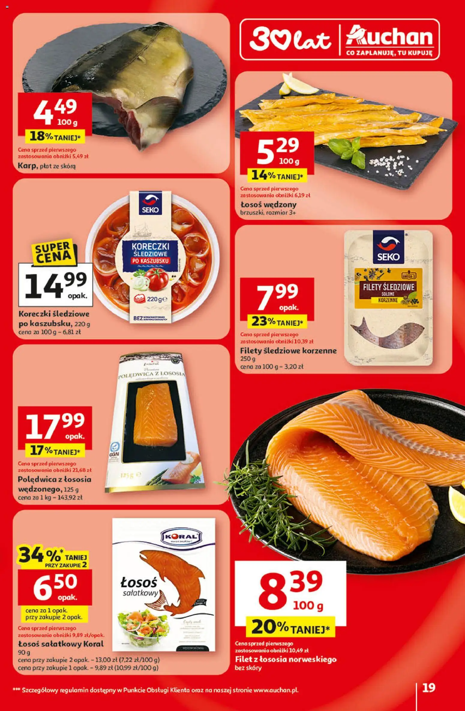 Auchan - Gazetka 30 Lat Hipermarket  od 09.04.2026 | Strona: 19 | Produkty: Łosoś wędzony, Łosoś, Filet z łososia