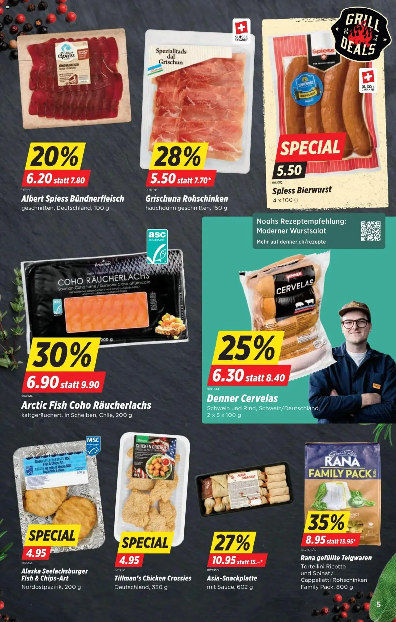 Denner Aktionen ab 26.08.2025 | Seite: 5 | Produkte: Burger, Pasta, Chips, Grill