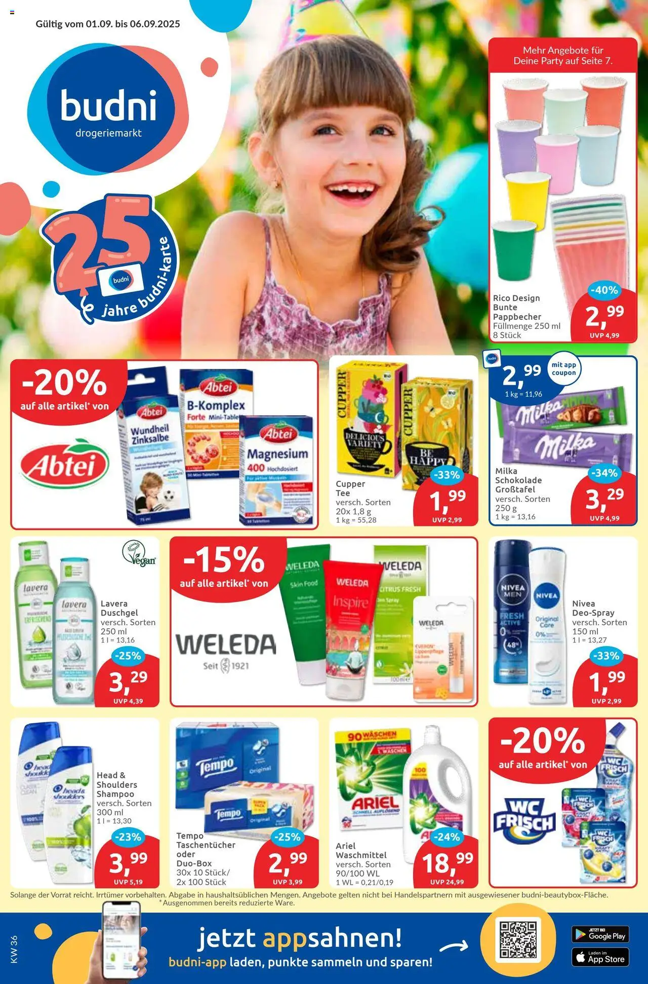 Budni Prospekt 	 - gültig ab dem 01.09.2025 | Seite: 1 | Produkte: Schokolade, Waschmittel, Tempo, Deospray