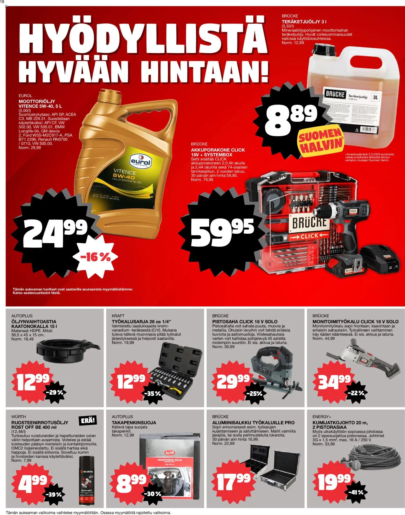 Tokmanni tarjoukset – voimassa 16.03.2026 alkaen | Sivu: 18 | Tuotteet: Monitoimityökalu, Moottoriöljy