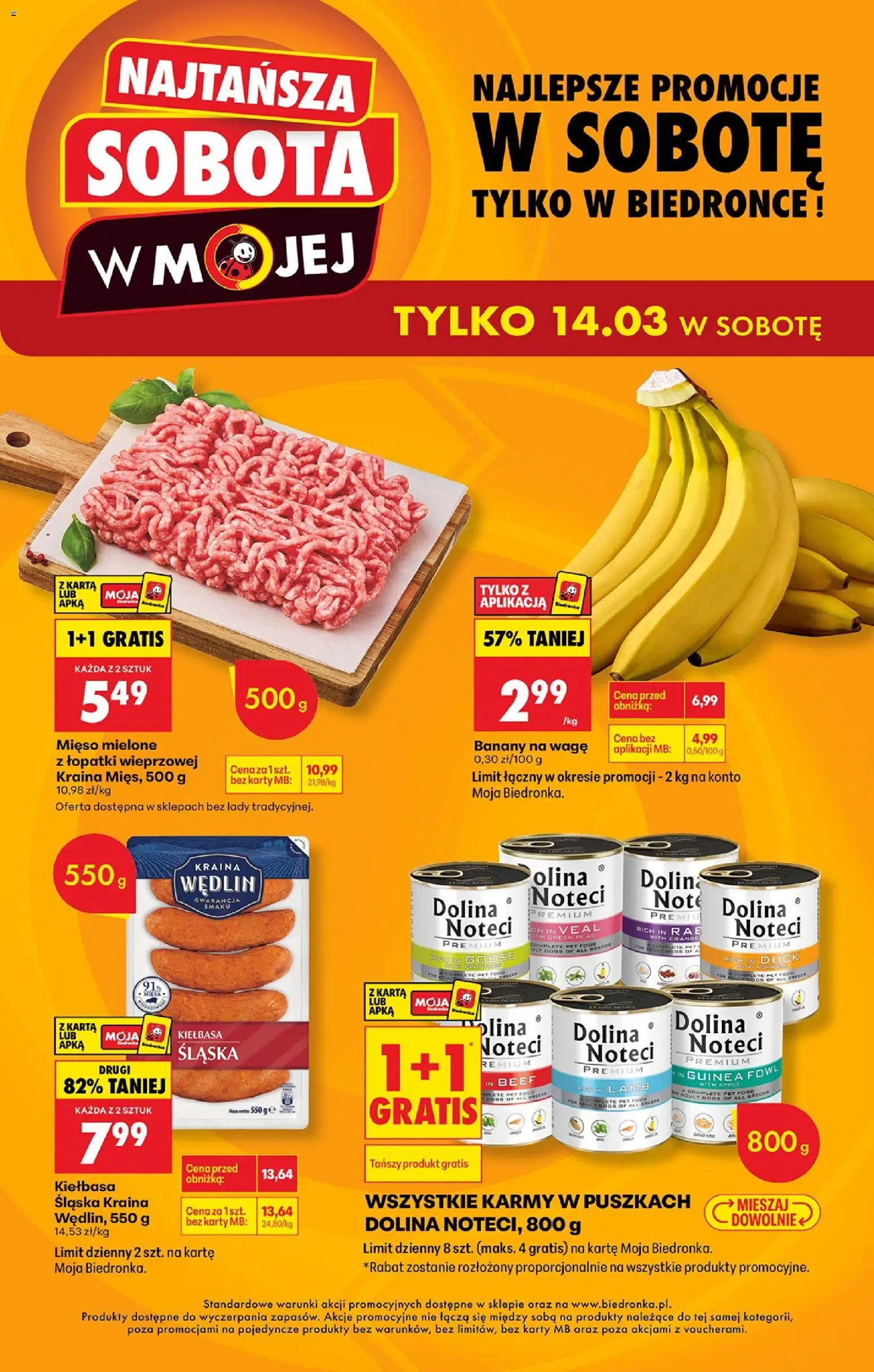 Biedronka gazetka - Najtańsza sobota od 14.03.2026 | Strona: 1 | Produkty: Mięso, Mięso mielone, Kiełbasa śląska, Banany