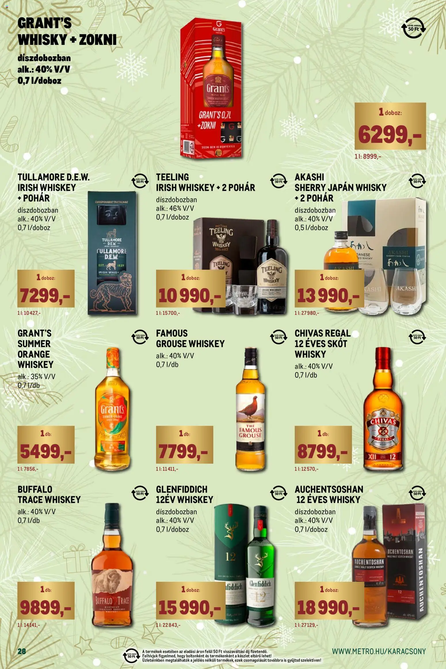 Metro akciós ujság - amely érvényes a következő dátumtól: 01.12.2025 | Oldal: 28 | Termékek: Whiskey, Irish whiskey, Só, Zokni