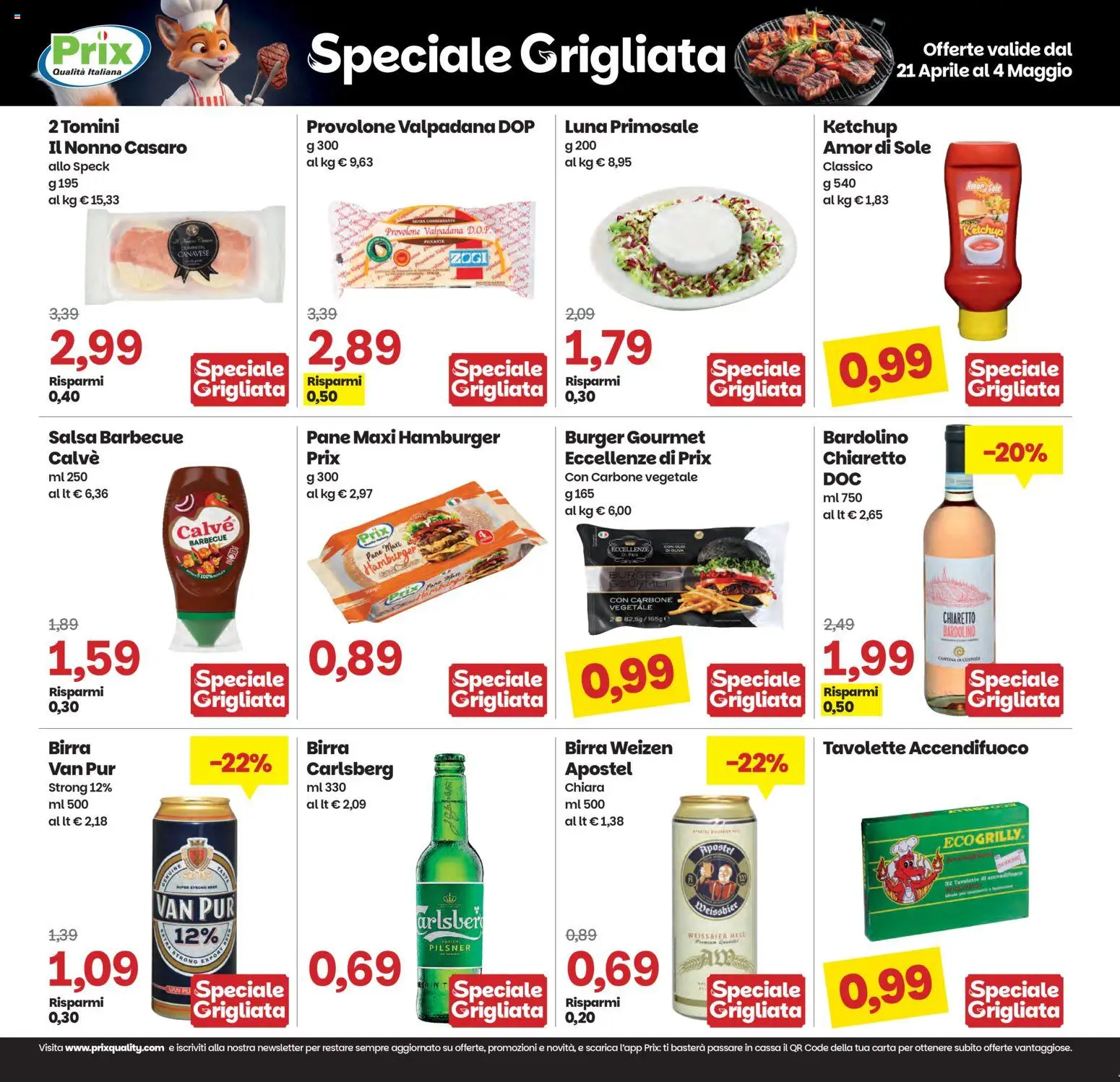 Volantino Prix del 21.04.2026 | Pagina: 14 | Prodotti: Provolone, Ketchup, Salsa barbecue, Hamburger