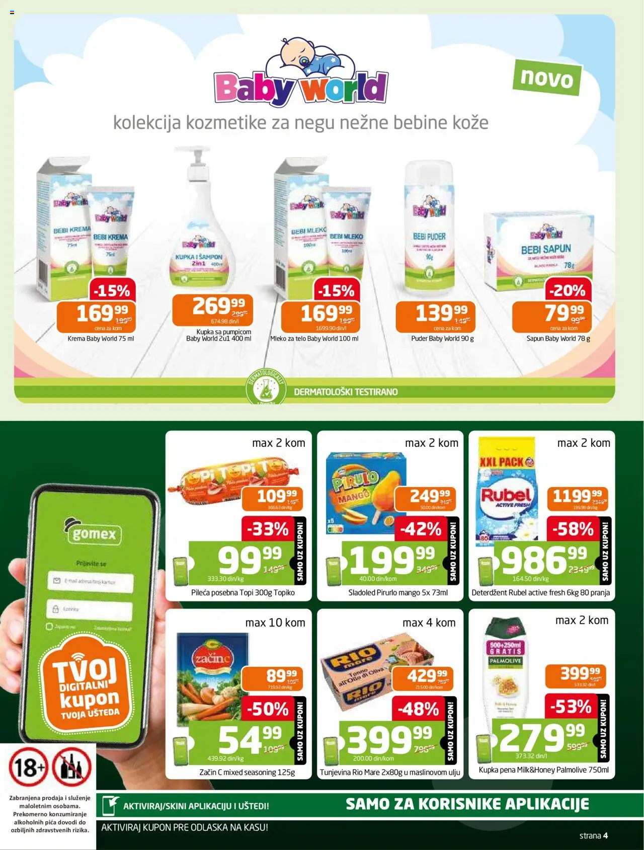 Gomex katalog - važi od 18.06.2025 | Strana: 4 | Proizvode: Palmolive, Puder, Rio mare, Pica