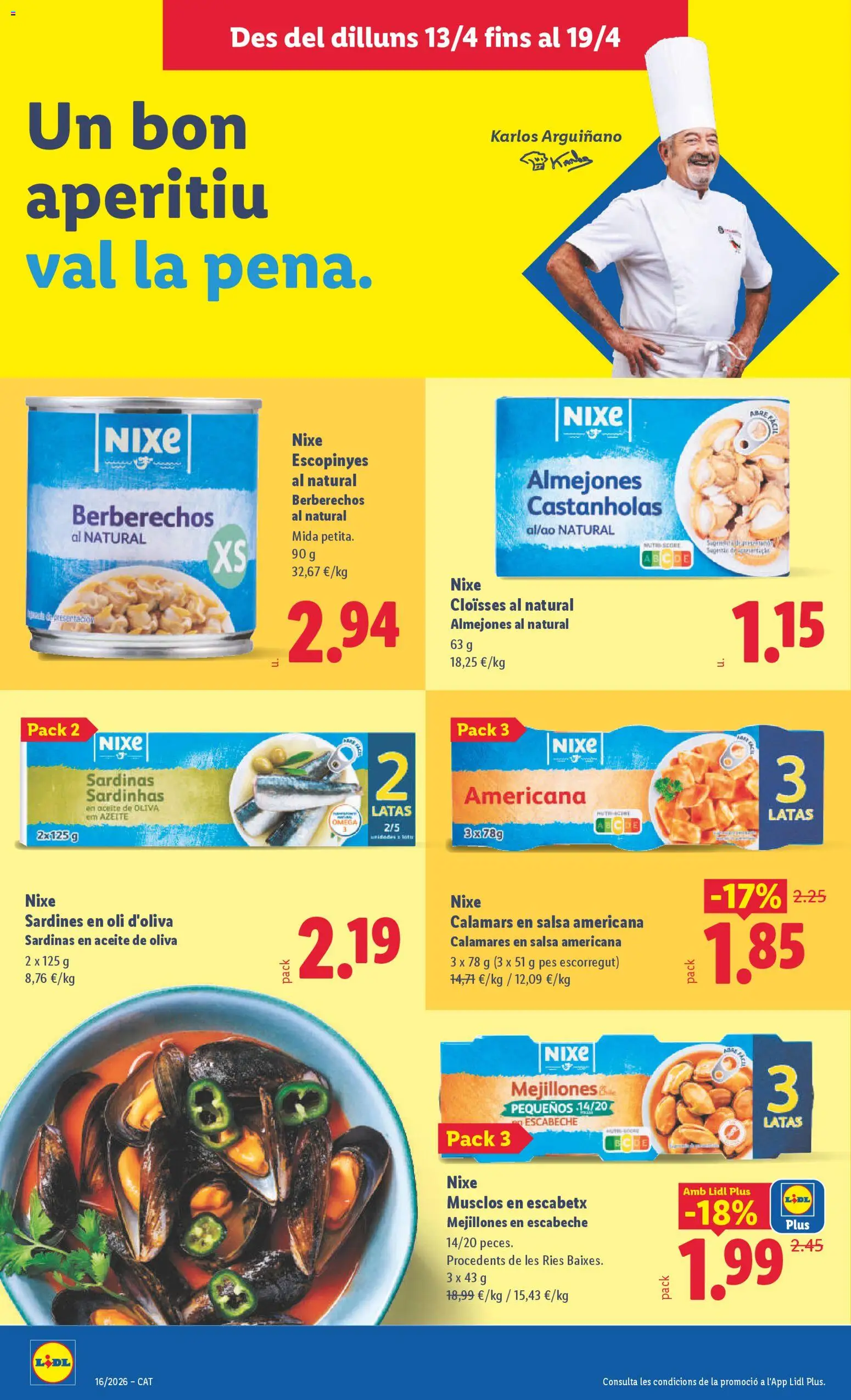 Lidl folleto │ válido desde el 13.04.2026 | Página: 16 | Productos: Calamares, Berberechos, Aceite, Aceite de oliva