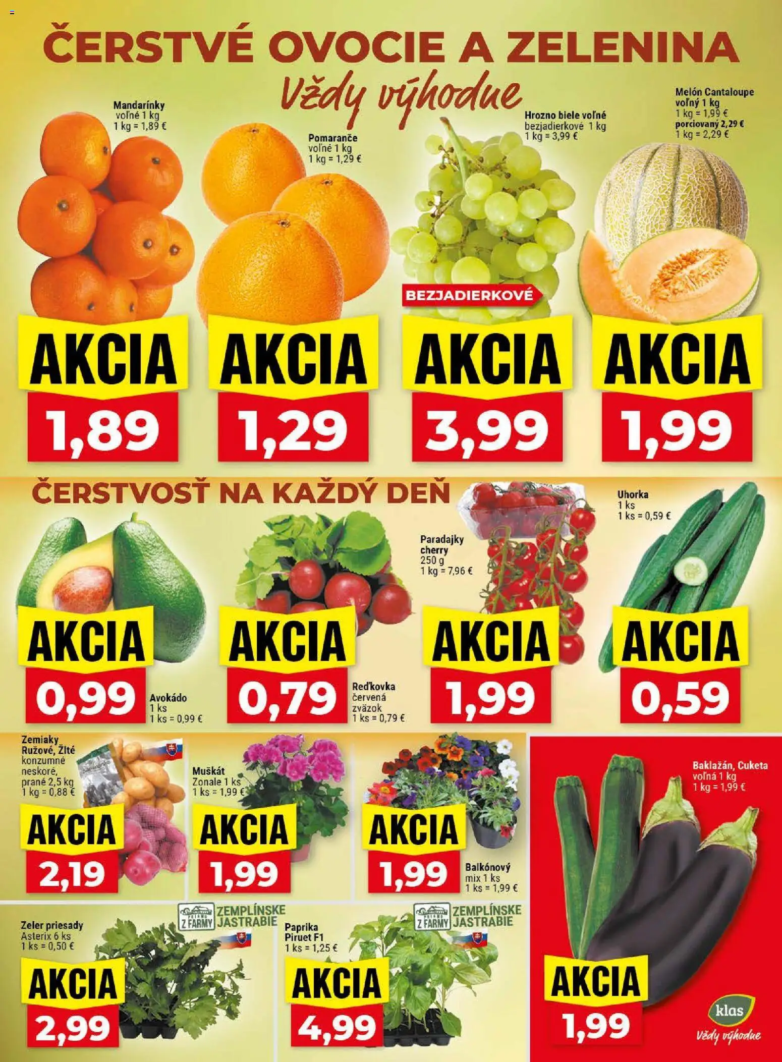 Nové Klas akcie – leták je platný od 20.04.2026 | Strana: 3 | Produkty: Zemiaky, Melón, Zeler, Hrozno