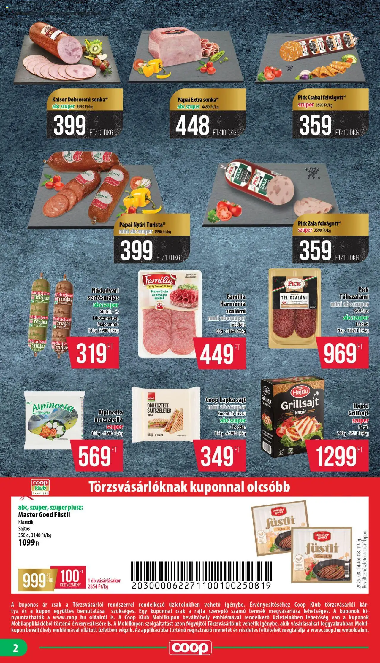 COOP akciós ujság - amely érvényes a következő dátumtól: 14.08.2025 | Oldal: 2 | Termékek: Mozzarella, Pick, Grillsajt, Téliszalámi