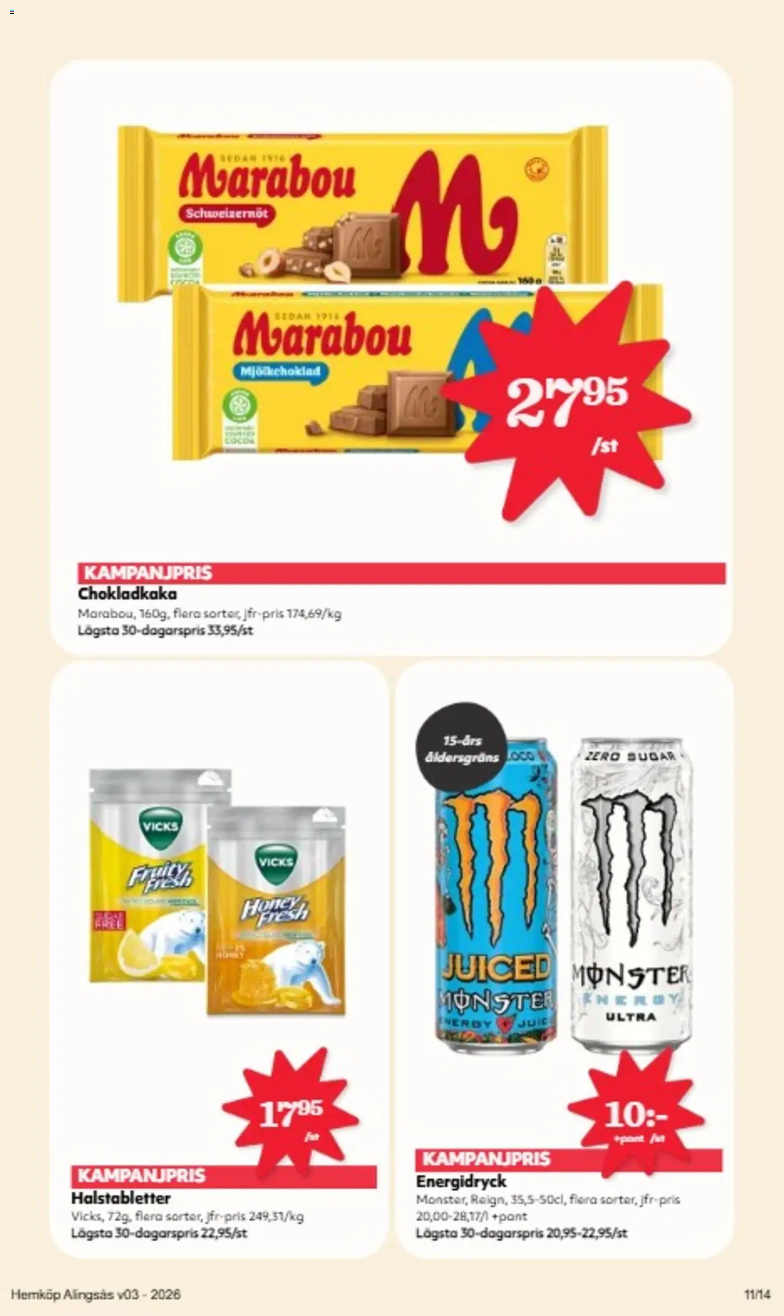 Hemköp reklamblad aktuell från 12.01.2026 | Sida: 11 | Produkter: Halstabletter, Chokladkaka, Energidryck