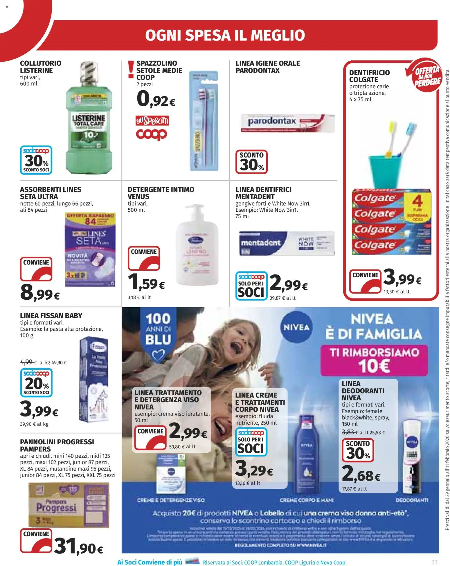 Volantino Ipercoop del 29.01.2026 | Pagina: 33 | Prodotti: Crema, Spazzolino, Mutandine, Pampers