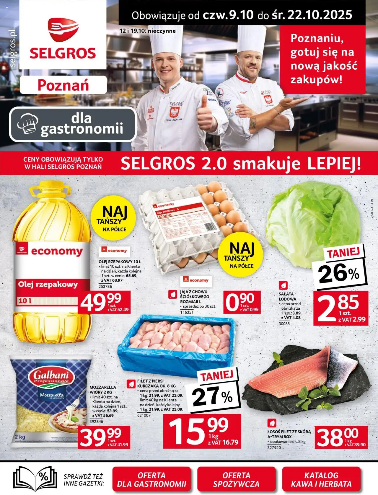 Selgros cash&carry Gazetka - Poznań oferta dla gastronomii od 09.10.2025 | Strona: 1 | Produkty: Olej rzepakowy, Herbata, Mozzarella, Jaja