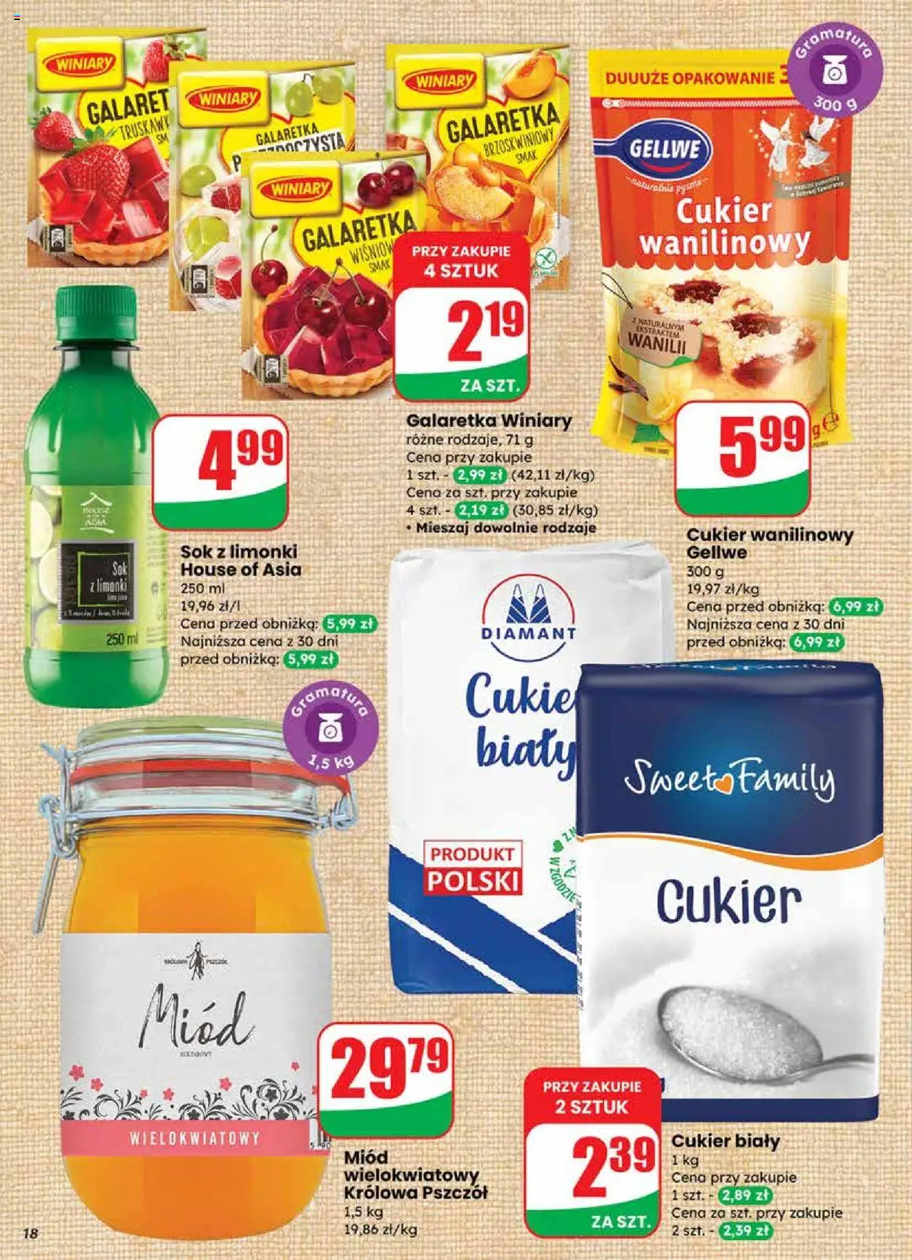 Dino Gazetka od 24.09.2025 | Strona: 18 | Produkty: Miód, Galaretka, Cukier biały, Sok