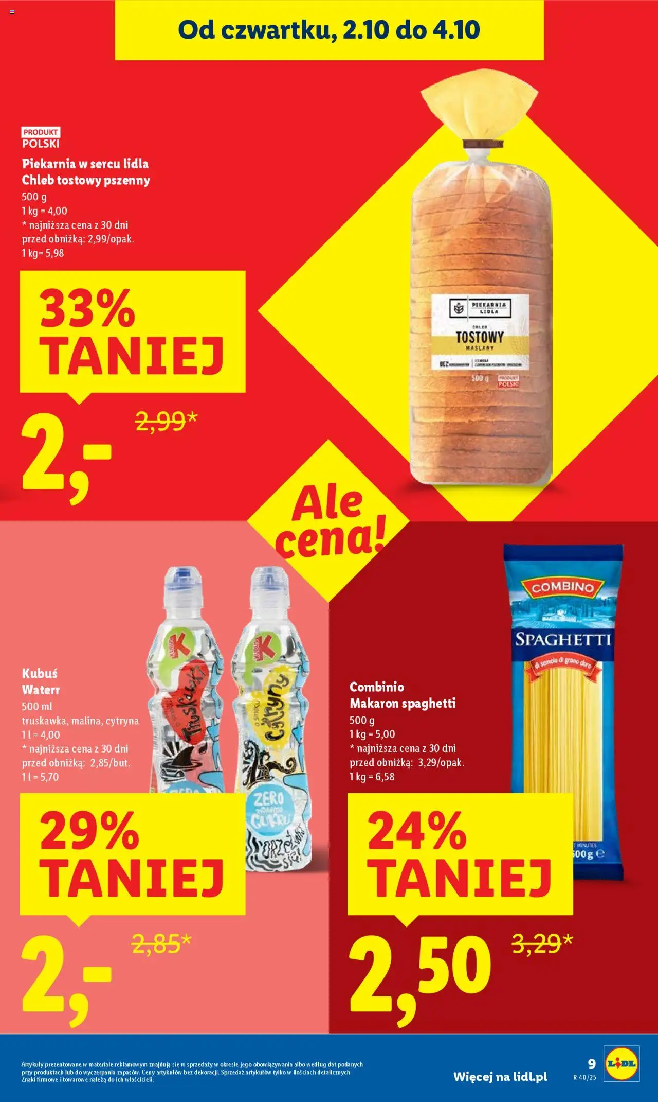 Lidl Gazetka od 02.10.2025 | Strona: 9 | Produkty: Makaron spaghetti, Piekarnia, Chleb, Makaron