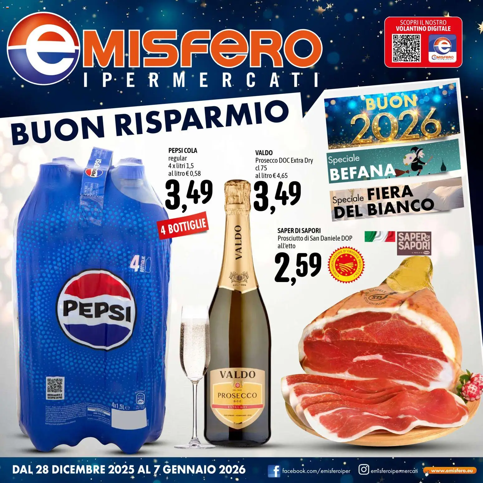 Volantino Emisfero del 28.12.2025 | Pagina: 1 | Prodotti: Prosecco, Prosciutto, Pepsi