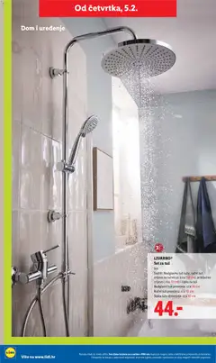 LIVARNO® Set za tuš, Set. Sadrži: Nadglavnu tuš ružu, ručni tuš, crijevo za ručnit uš (cca 150 cm), priključno crijevo (cca 70 cm) i šipku za tuš. Nadglavni tuš promjera: cca 30 cm. Ručni tuš promjera: cca 10 cm. Šipka tuša dimenzije: cca 97 cm - Pregled kataloga iz trgovine Lidl, vrijedi od 02.02.2026 | Stranica: 34 | Proizvodi: Tuš