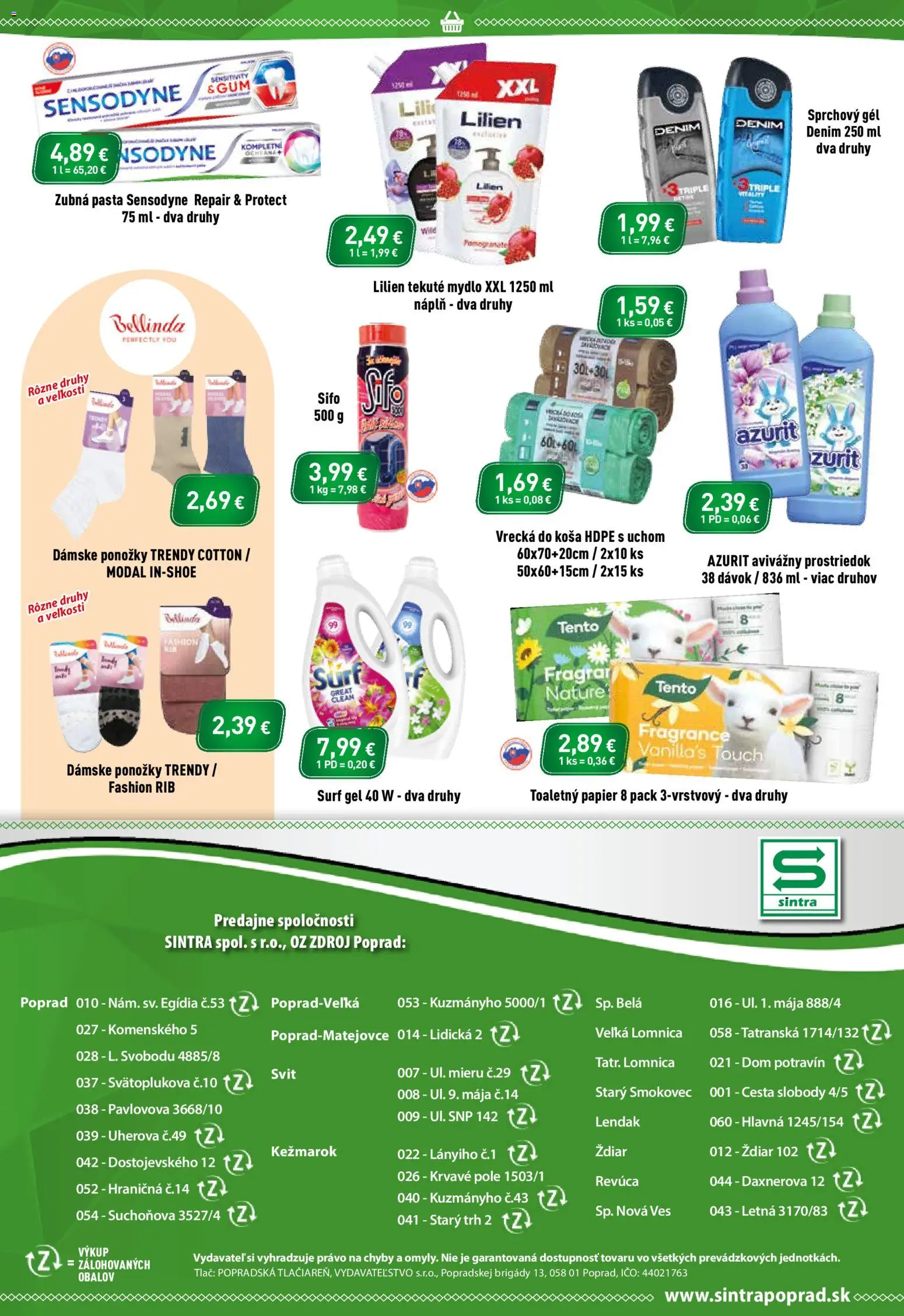 Nové Sintra akcie – leták je platný od 16.04.2026 | Strana: 12 | Produkty: Toaletný papier, Sprchový gél, Zubná pasta, Ponožky