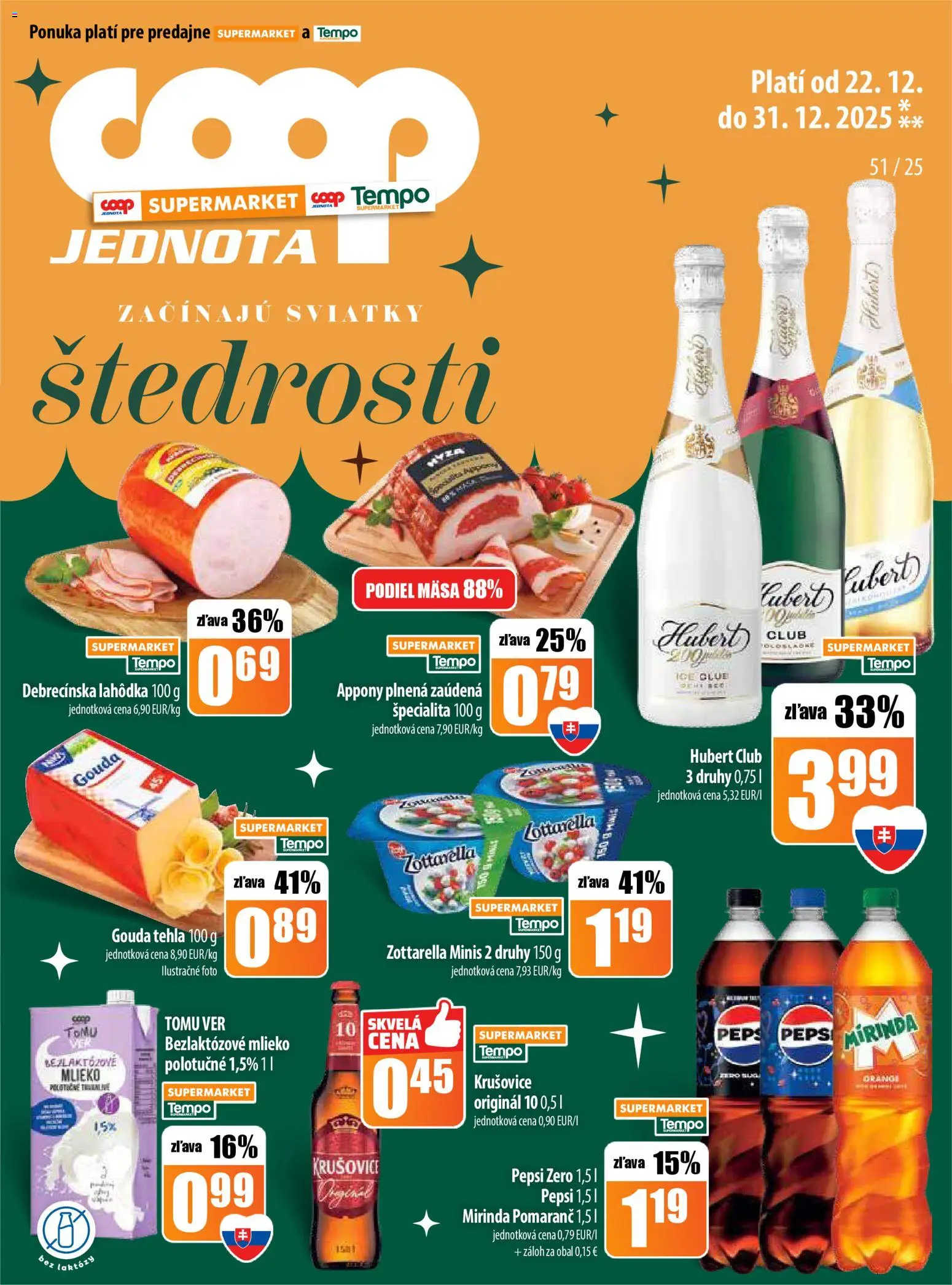 Nové COOP Jednota akcie – leták je platný od 22.12.2025 | Strana: 13 | Produkty: Mlieko, Gouda, Krušovice, Pepsi