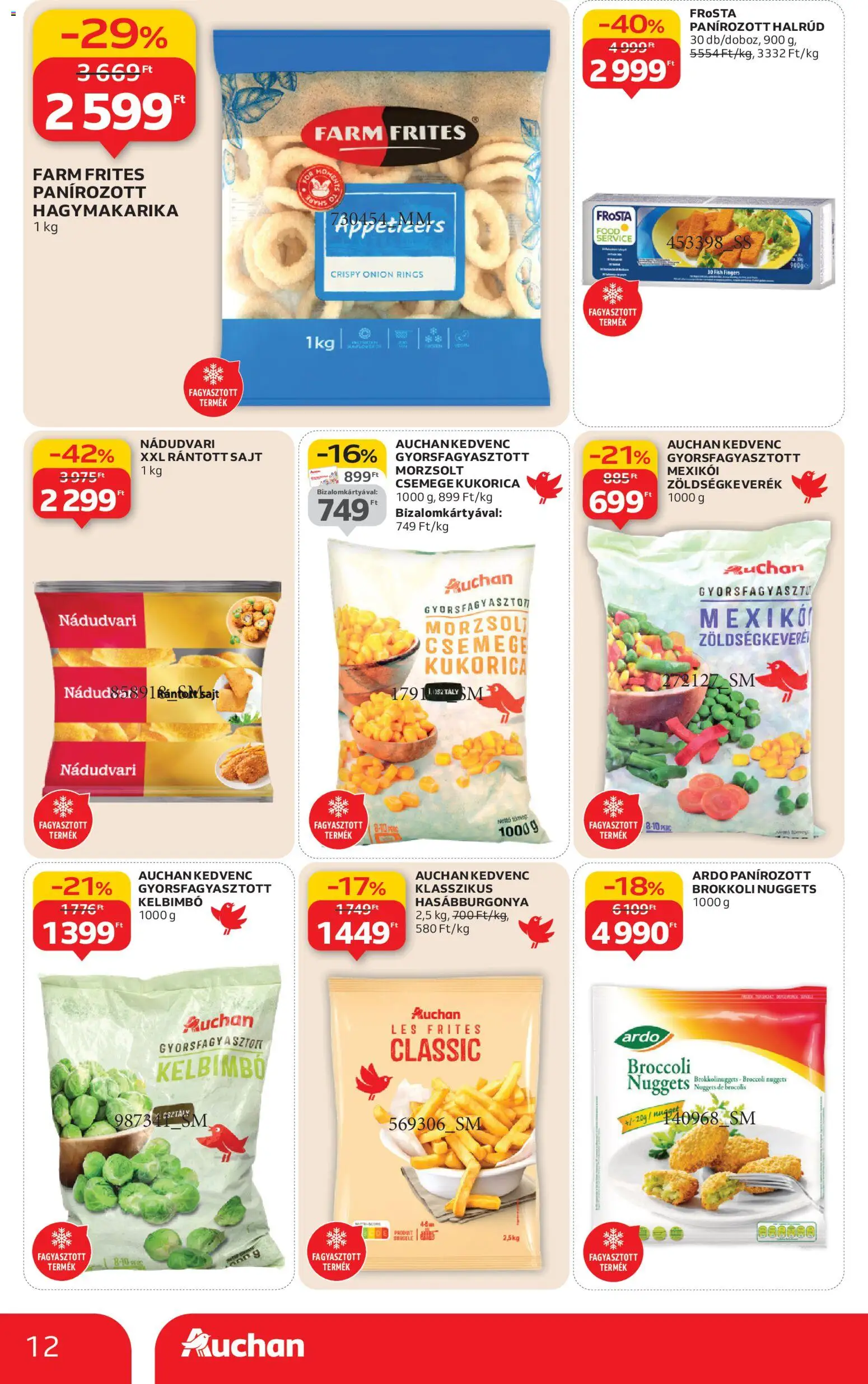 Auchan akciós ujság - amely érvényes a következő dátumtól: 08.01.2026 | Oldal: 12 | Termékek: Zöldségkeverék, Csemege kukorica, Nuggets, Hasábburgonya