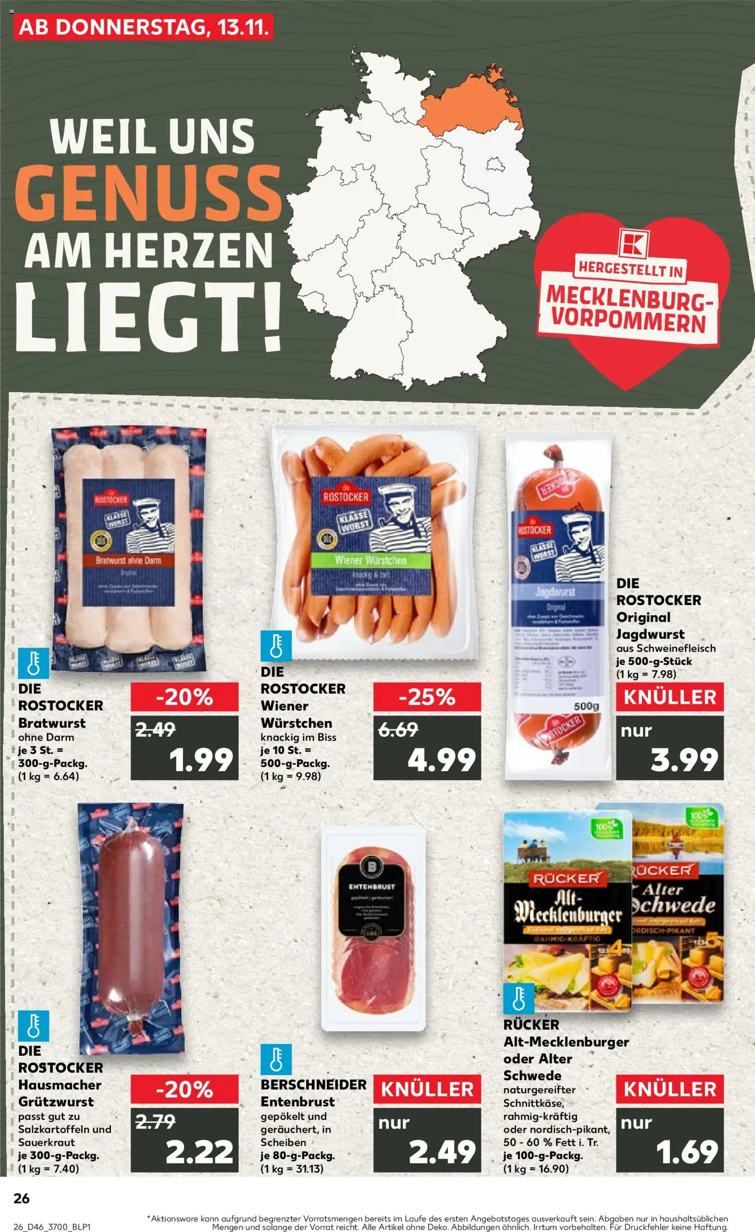 Kaufland prospekt Rostock	 – gültig ab 13.11.2025 | Seite: 26 | Produkte: Wiener wurstchen, Bratwurst, Schweinefleisch