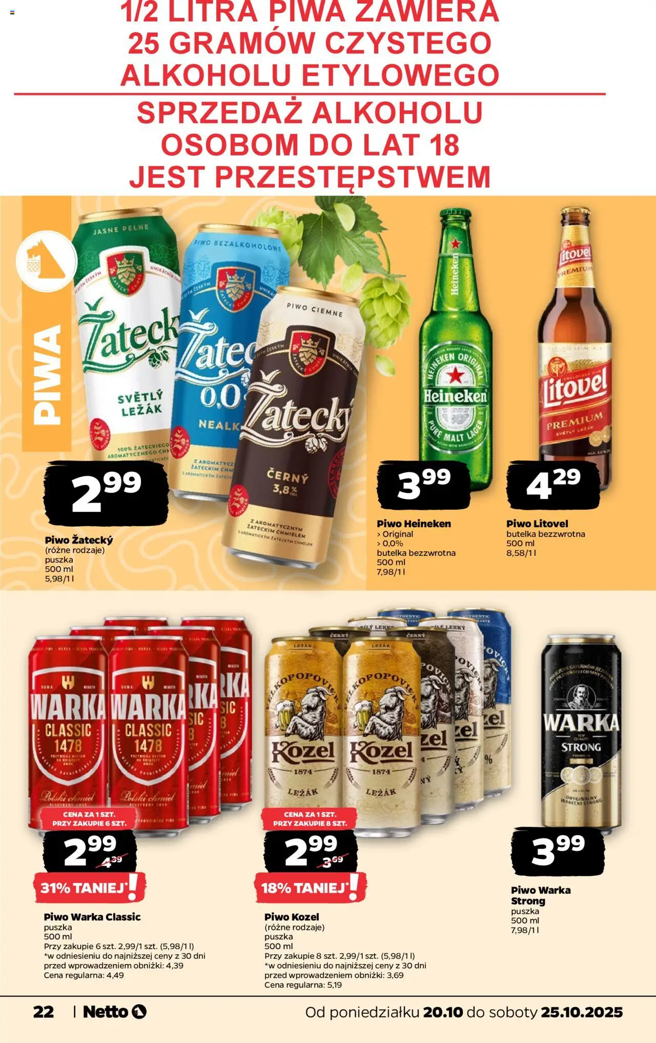 Netto gazetka - Spożywcza od 20.10.2025 | Strona: 22 | Produkty: Leżak, Warka, Piwo, Piwo kozel