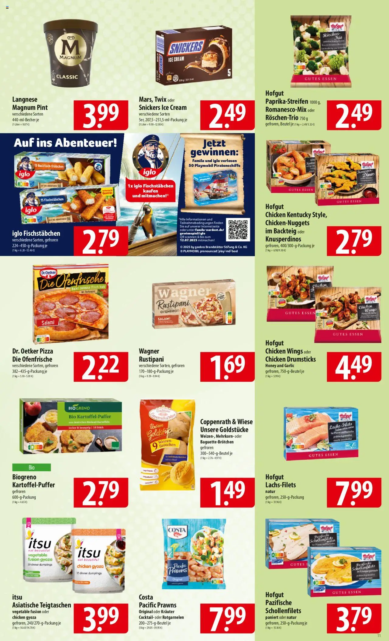 Famila Prospekt 	 - gültig ab dem 30.06.2025 | Seite: 11 | Produkte: Snickers, Twix, Fischstabchen, Pizza
