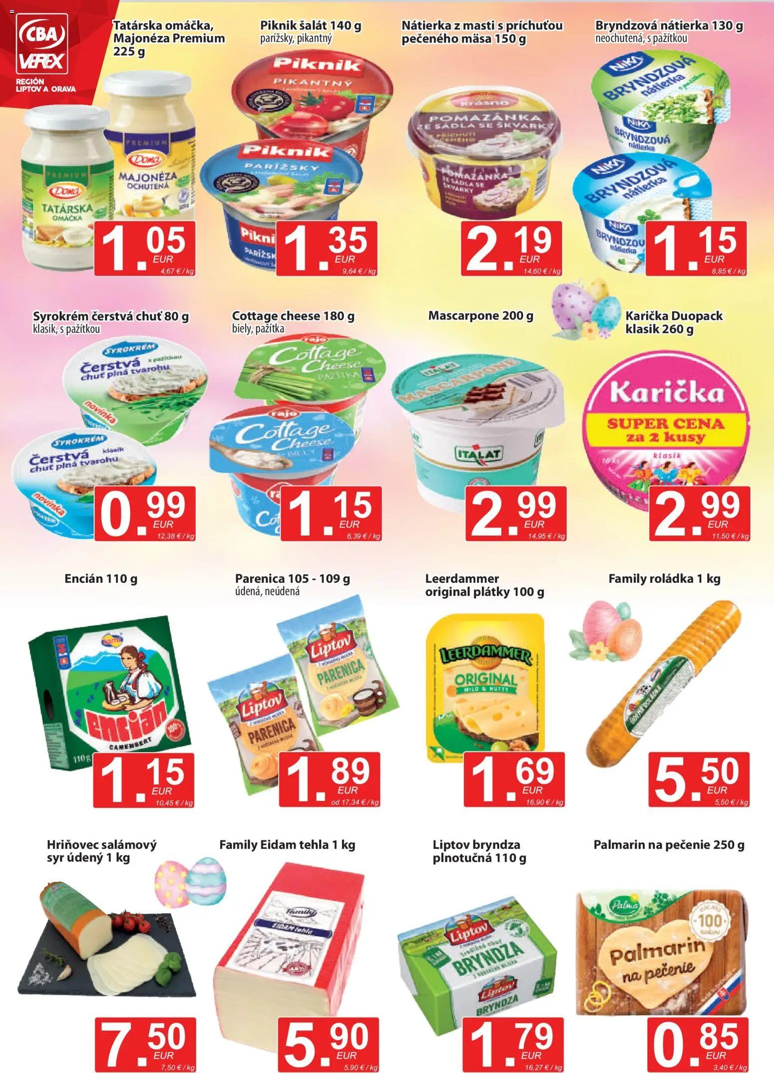 Nové CBA Verex akcie – leták je platný od 19.03.2026 | Strana: 4 | Produkty: Eidam, Palmarin, Bryndza, Šalát