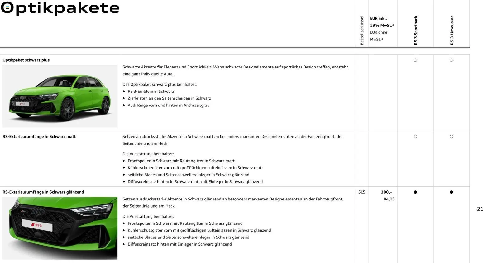 Audi RS 3 Sportback / RS 3 Limousine – gültig ab 28.10.2025 | Seite: 21