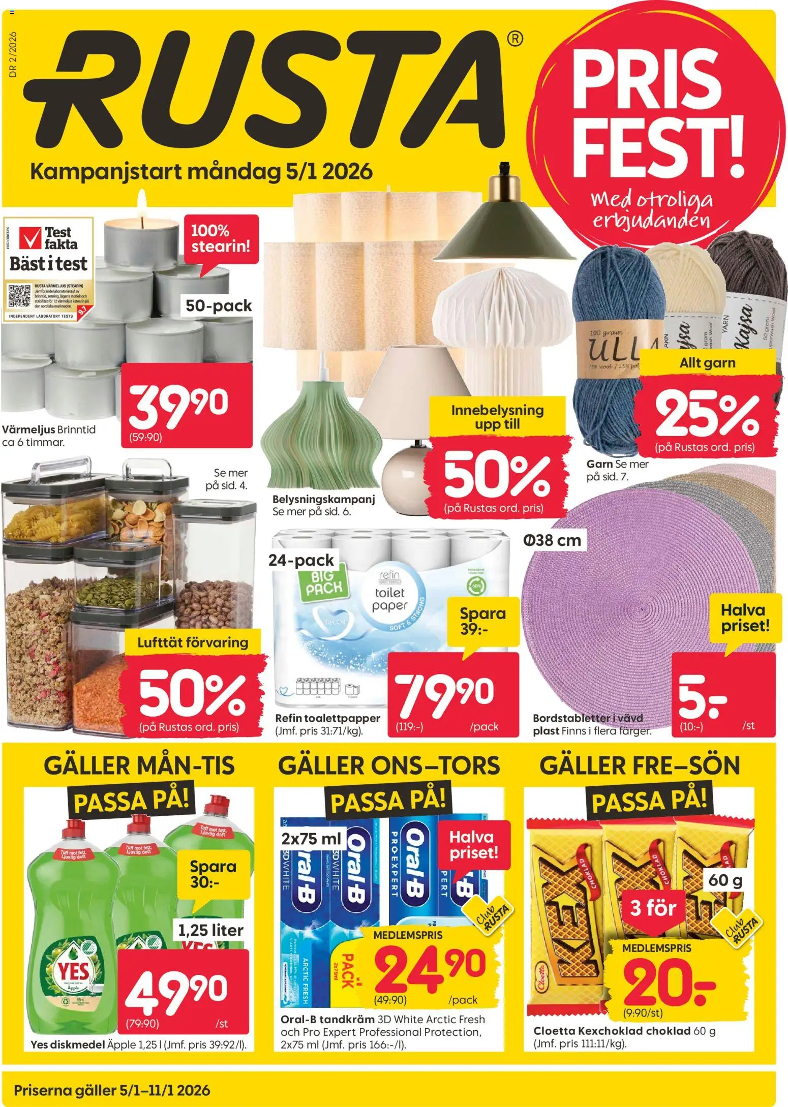Rusta reklamblad aktuell från 05.01.2026 | Sida: 1 | Produkter: Diskmedel, Toalettpapper, Galler, Värmeljus