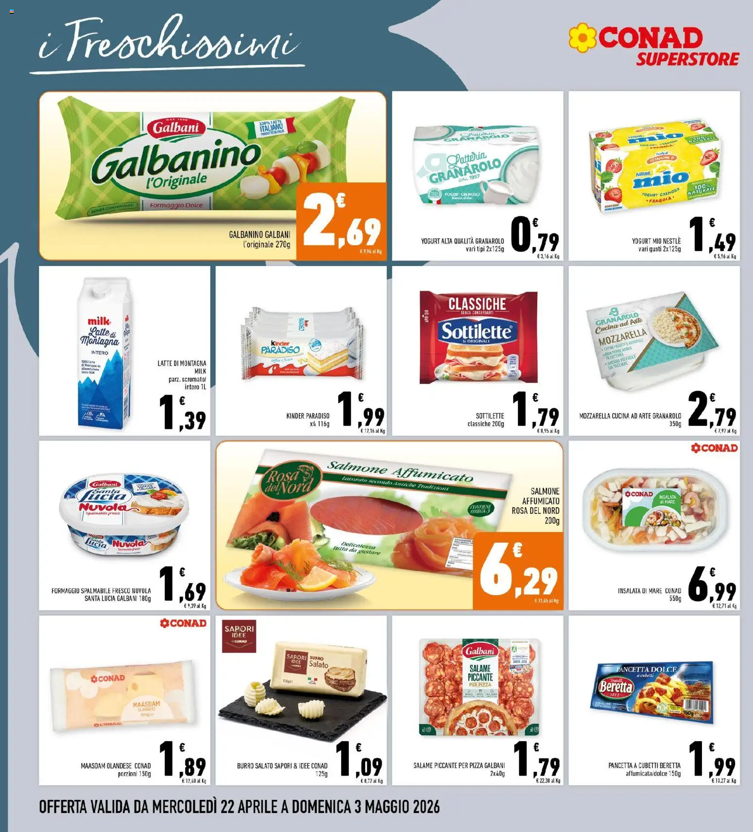 Volantino Conad del 22.04.2026 | Pagina: 14 | Prodotti: Salmone affumicato, Salame, Pancetta, Mozzarella