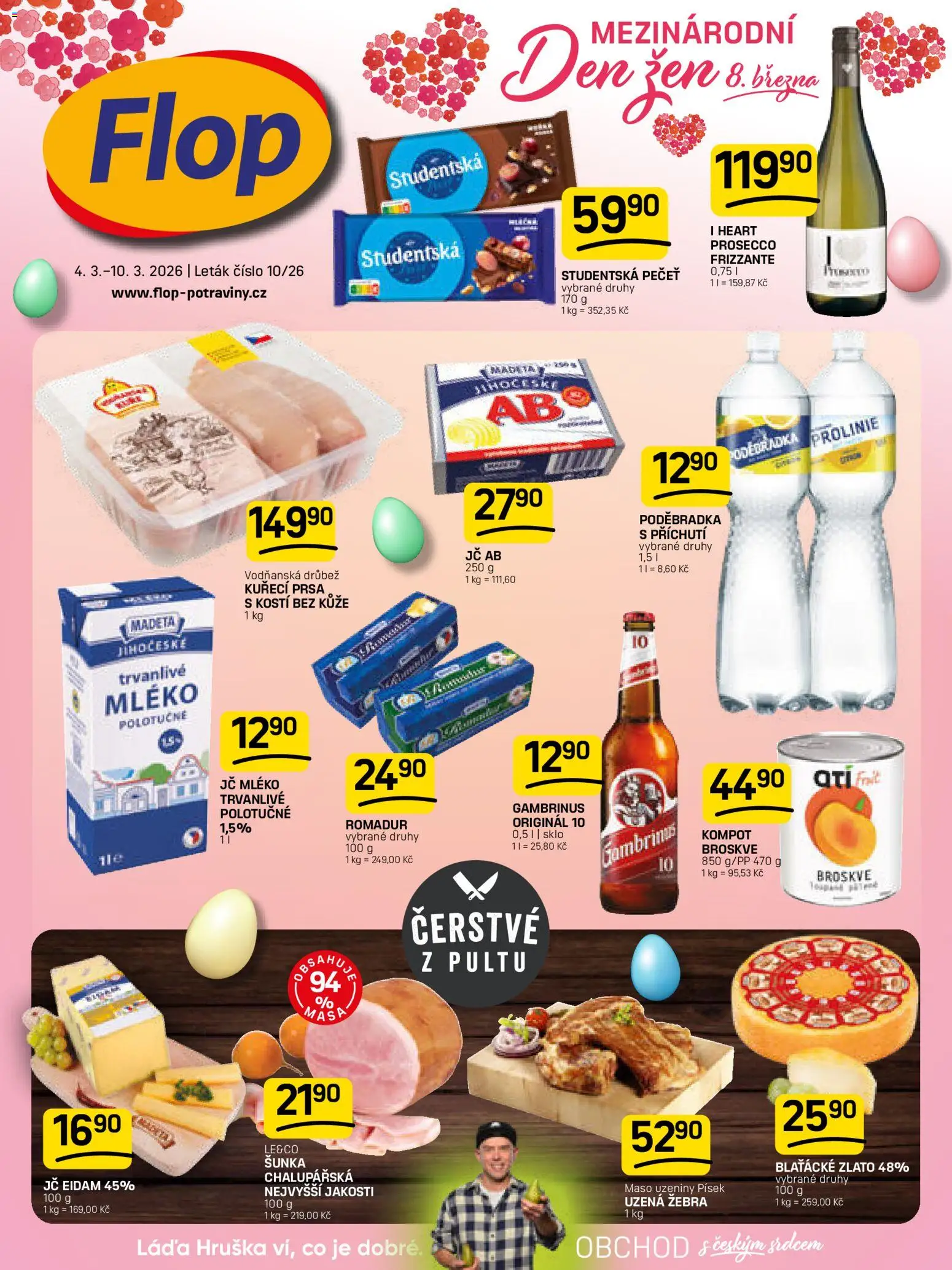 Flop leták od 04.03.2026 | Strana: 1 | Produkty: Kuřecí prsa, Broskve, Uzeniny, Prolinie
