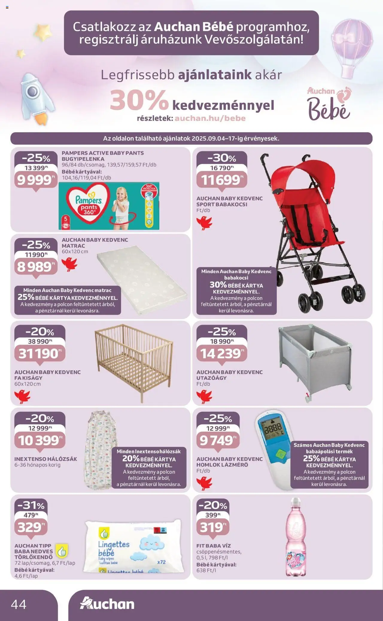 Auchan akciós ujság - amely érvényes a következő dátumtól: 04.09.2025 | Oldal: 44 | Termékek: Törlőkendő, Lázmérő, Nedves törlőkendő, Babakocsi