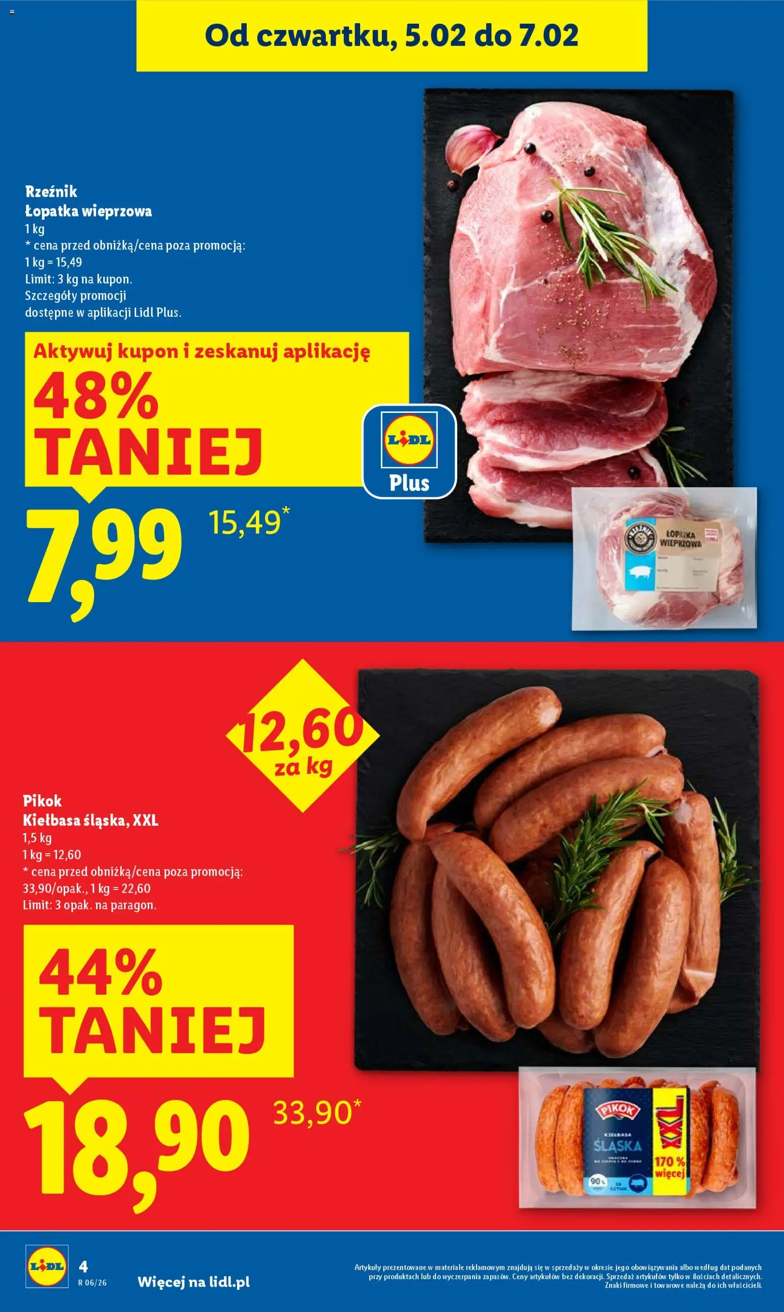Lidl Gazetka od 05.02.2026 | Strona: 4 | Produkty: Kiełbasa, Łopatka wieprzowa