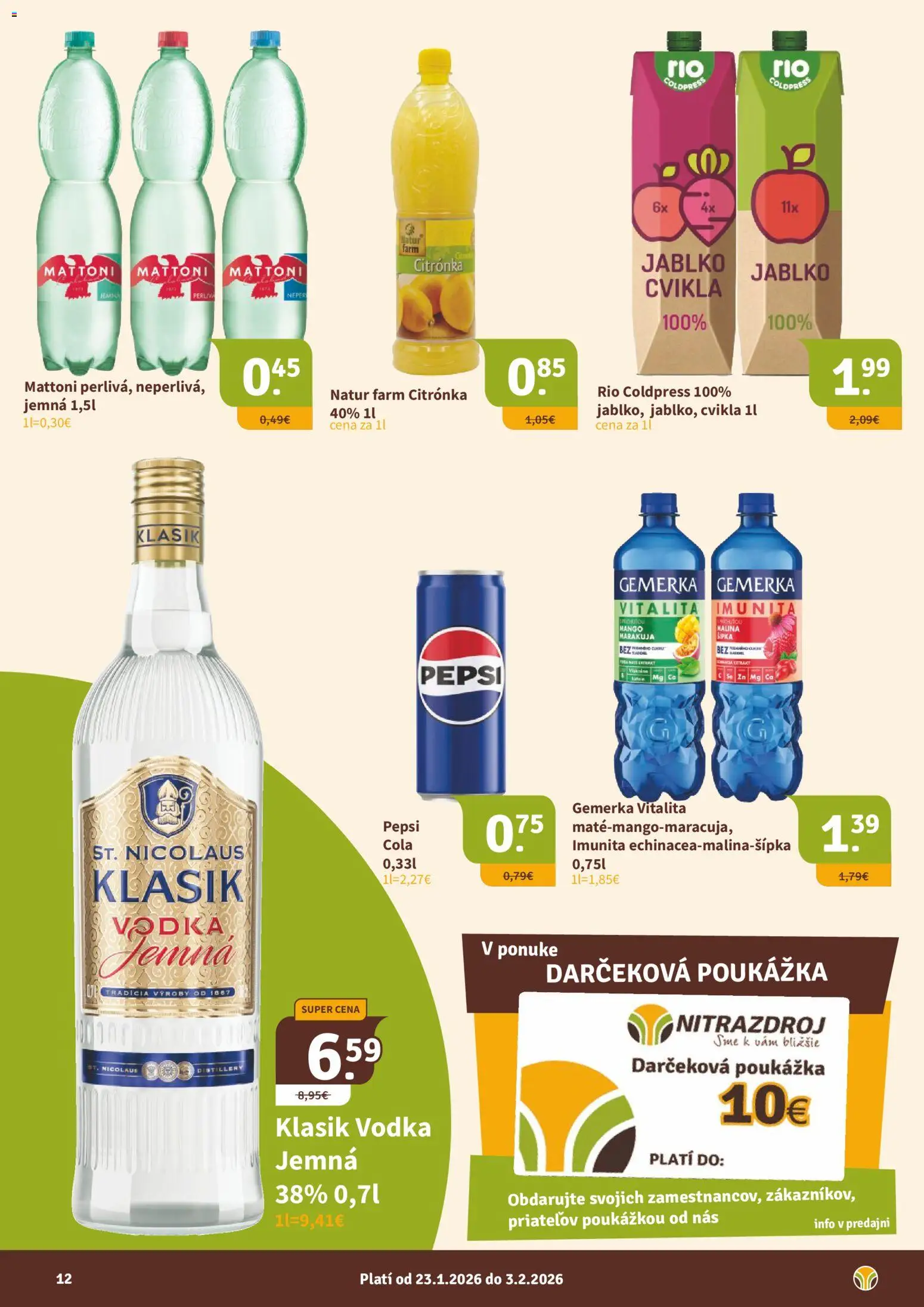Nové Nitrazdroj akcie – leták je platný od 23.01.2026 | Strana: 12 | Produkty: Mattoni, Vodka, Pepsi, Cola