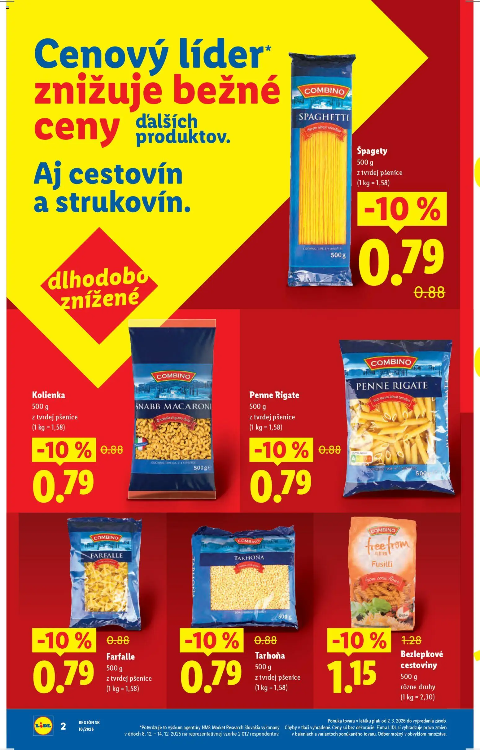 Nové Lidl akcie – leták je platný od 02.03.2026 | Strana: 2 | Produkty: Penne, Fusilli, Tarhoňa, Špagety