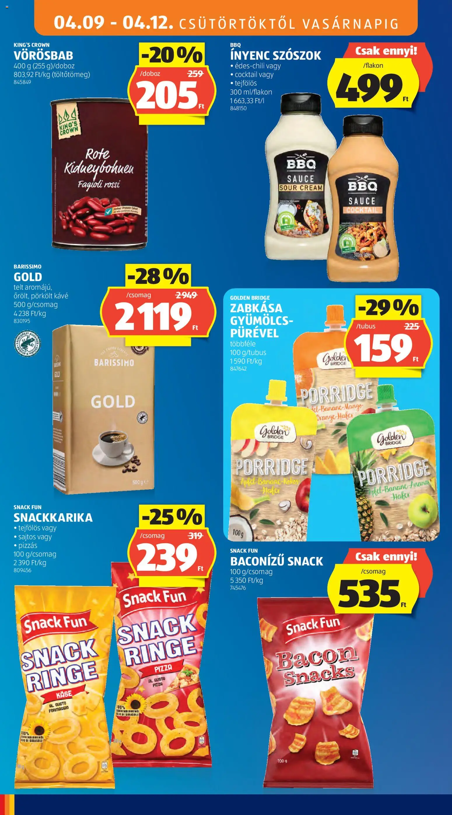 Aldi akciós ujság - amely érvényes a következő dátumtól: 09.04.2026 | Oldal: 16 | Termékek: Gyümölcs, Bacon, Kávé, Pizza