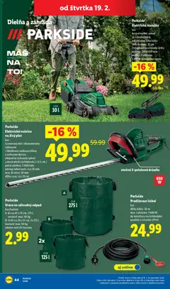 Lidl leták platný od 19.02.2026 | Strana: 28 | Produkty: Elektrická kosačka, Kosačka, Nožnice na živý plot, Parkside